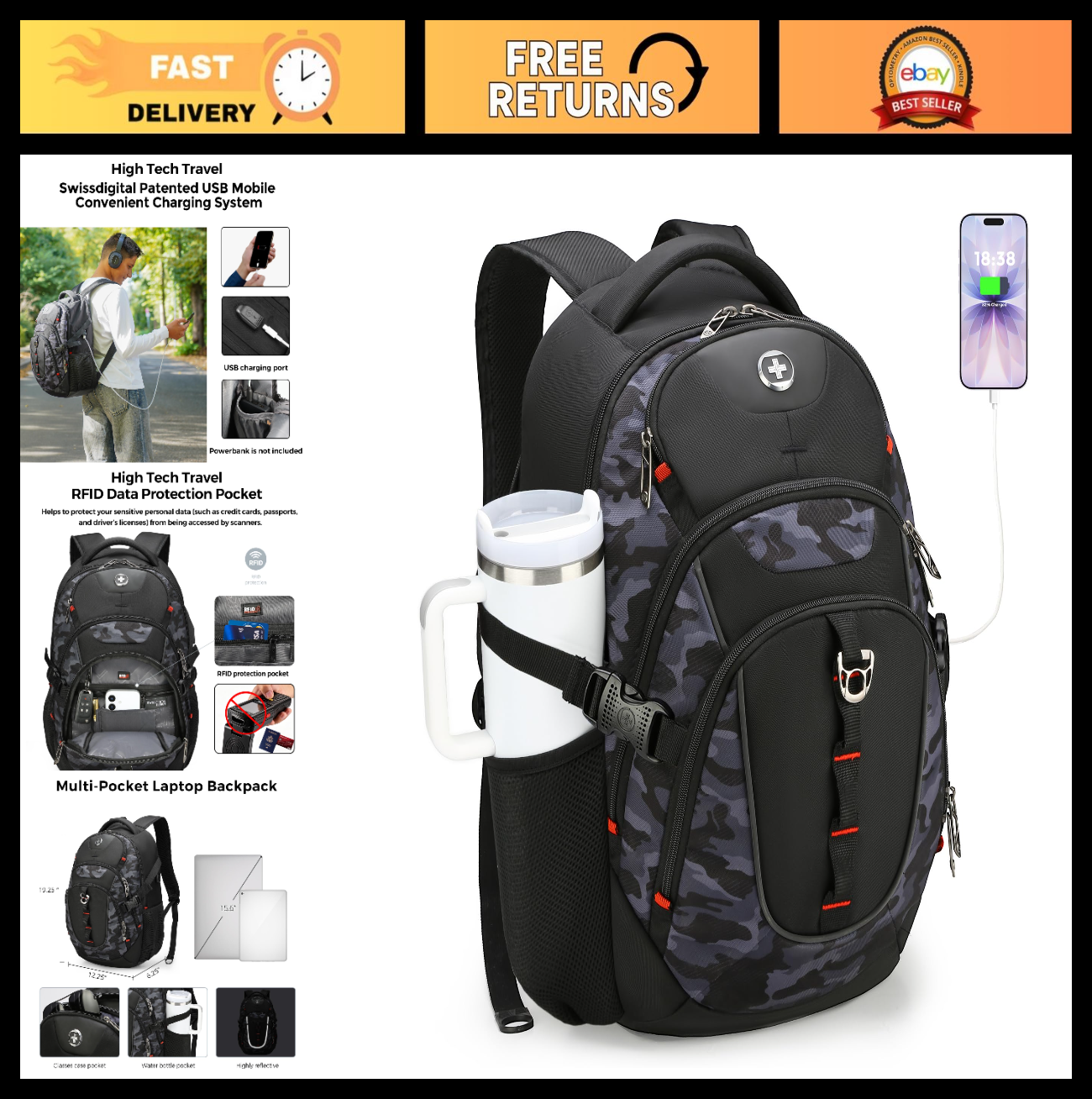 Stylish Laptop Backpack with USB Charging Port, Fits 15.6" Computer, 31L Travel0