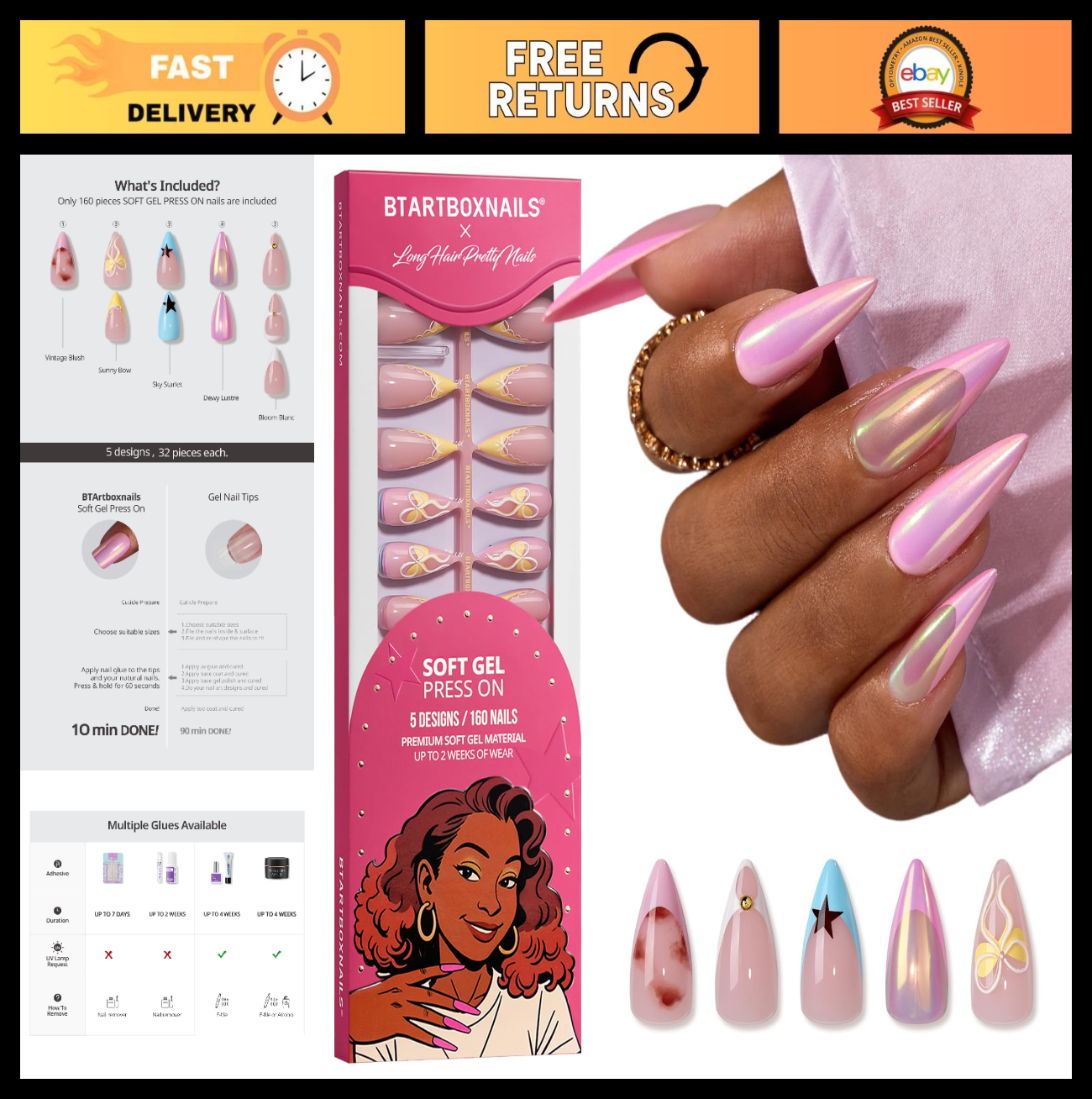 Soft Gel Press On Nails - Long Stiletto, 160 Pcs, 2+ Weeks Wear, Easy Apply, Sal0