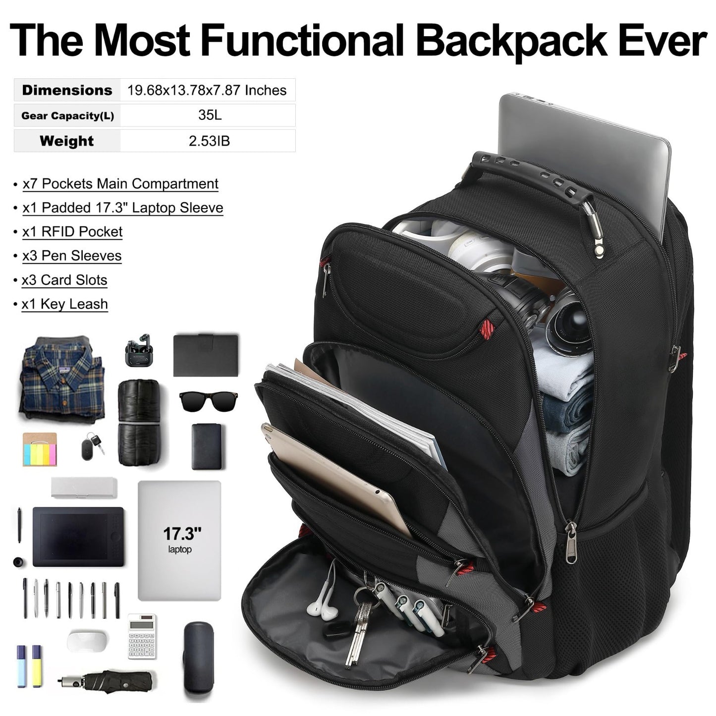 17.3" Laptop Backpack, Waterproof Travel Bag with USB Port, Anti Theft, Casual W4