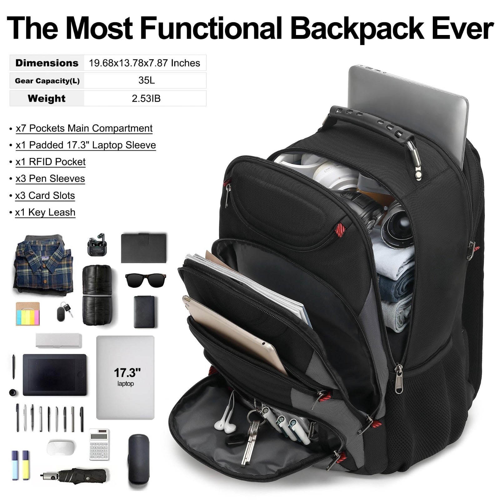 17.3" Laptop Backpack, Waterproof Travel Bag with USB Port, Anti Theft, Casual W4