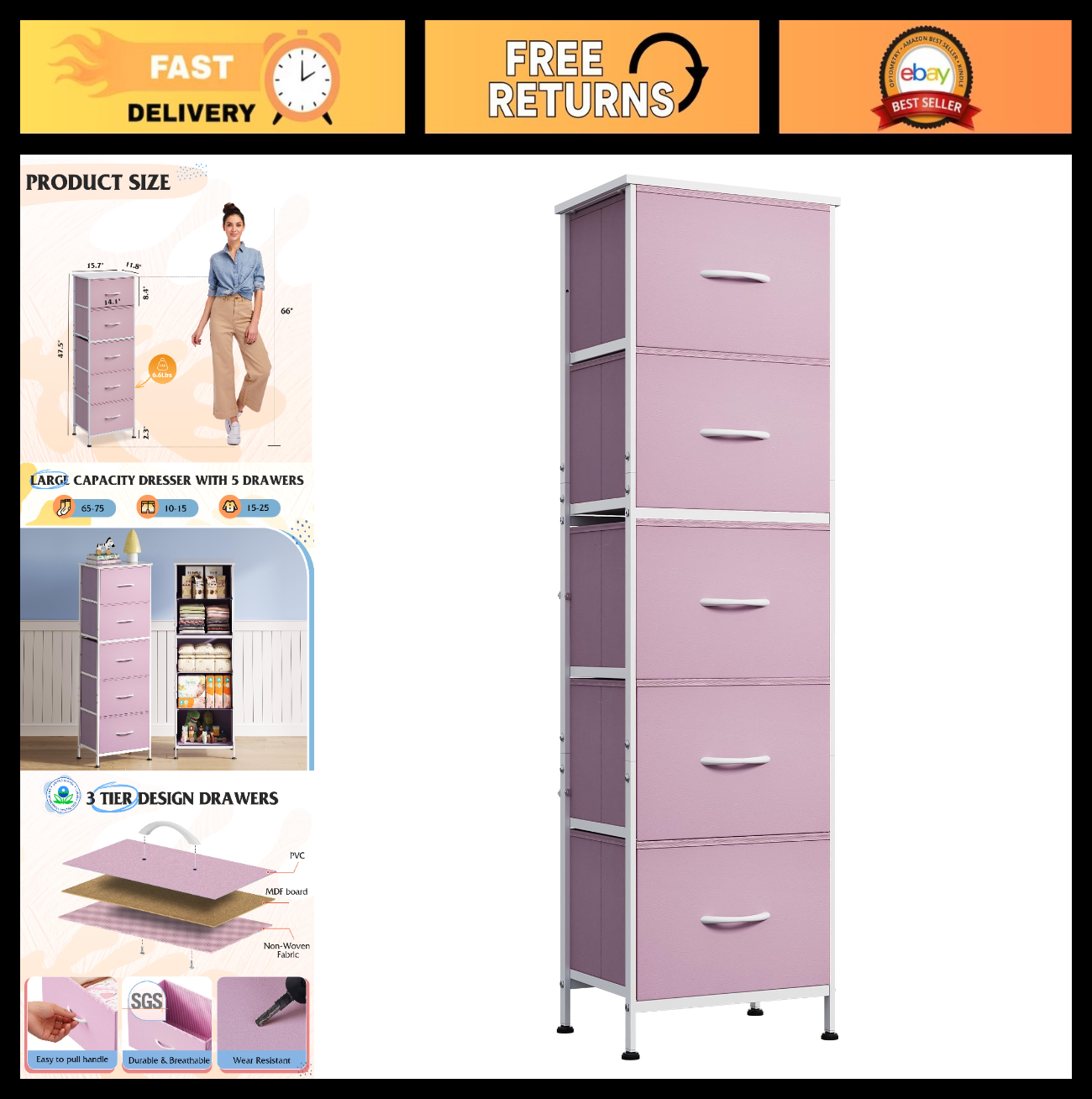 Tall Dresser for Bedroom - 5 Drawer Vertical Fabric Chest, Pink - Space-Saving S0