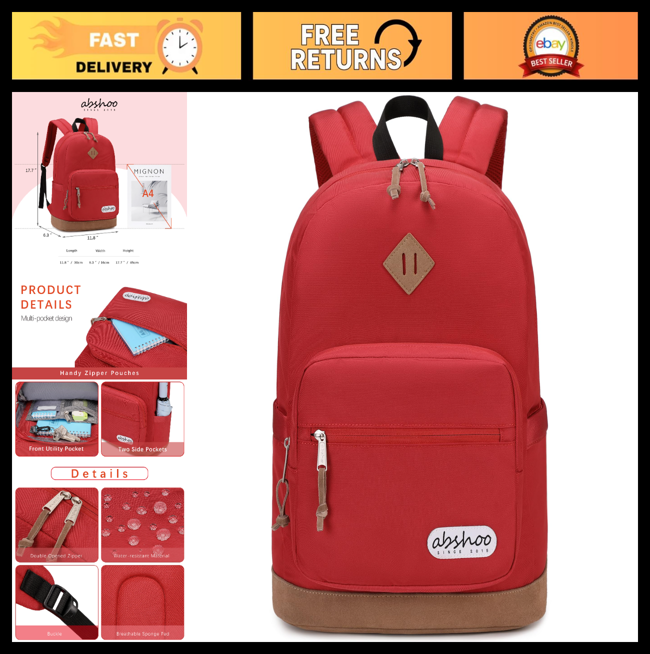 Classic School Backpack, College Bookbag for Teens, Casual Daypack   Red0