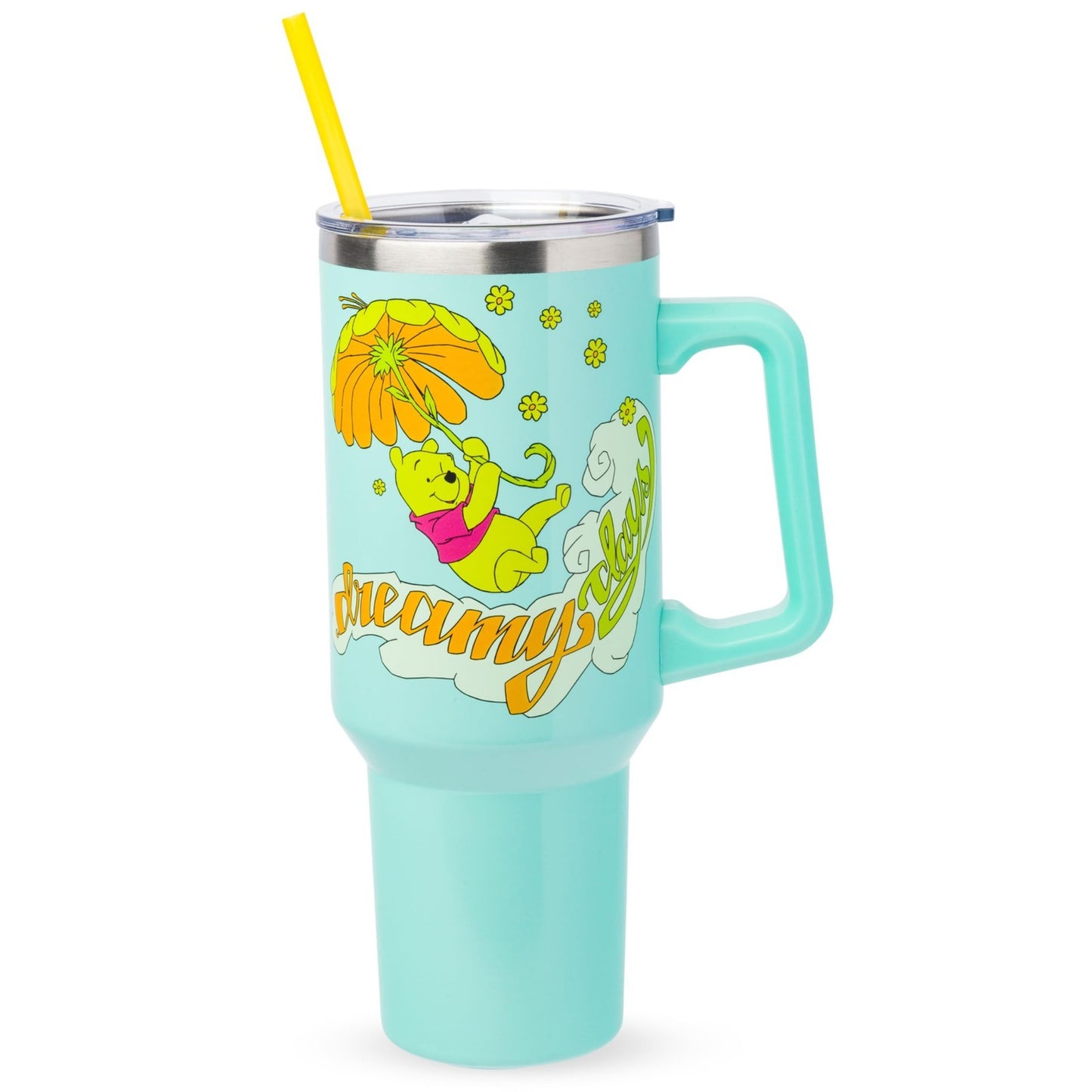 40oz Double Walled Stainless Steel Tumbler with Handle & Straw   Disney Pooh Art1