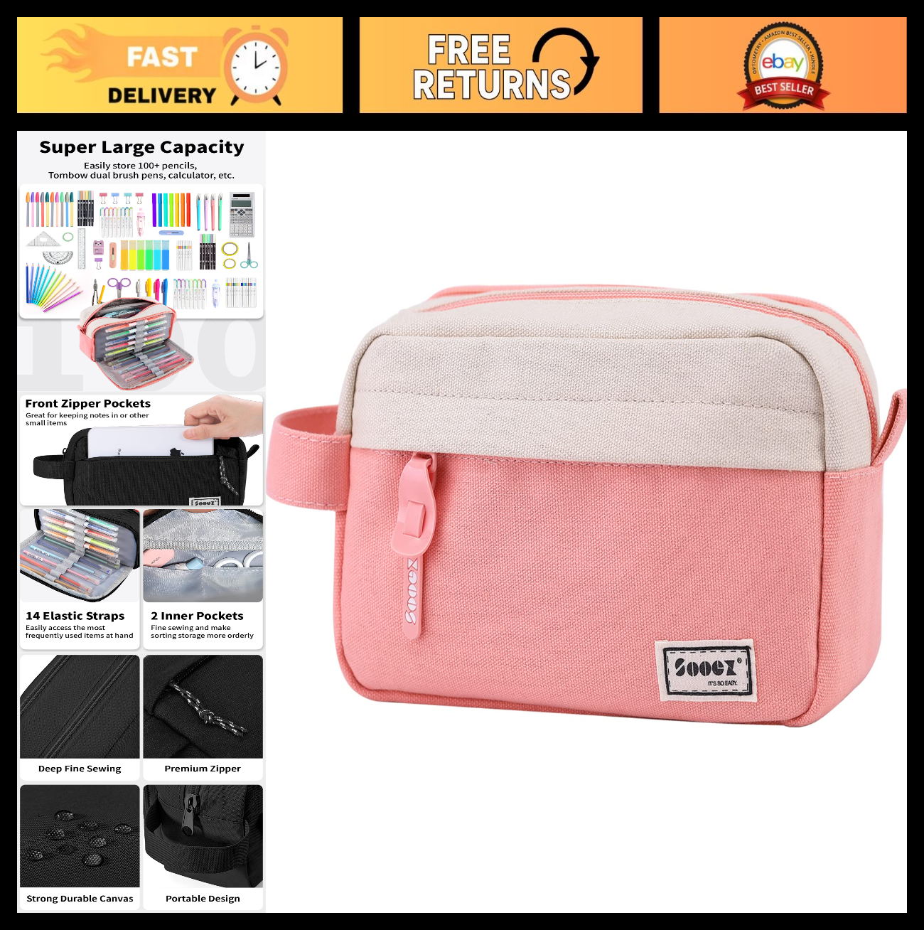 Large Capacity Canvas Pencil Case, Upgraded Pouch for School & Office Supplies0