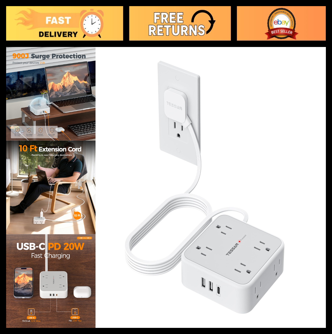 Surge Protector Power Strip 900J Protection, 10 Ft Extension Cord, Grey0