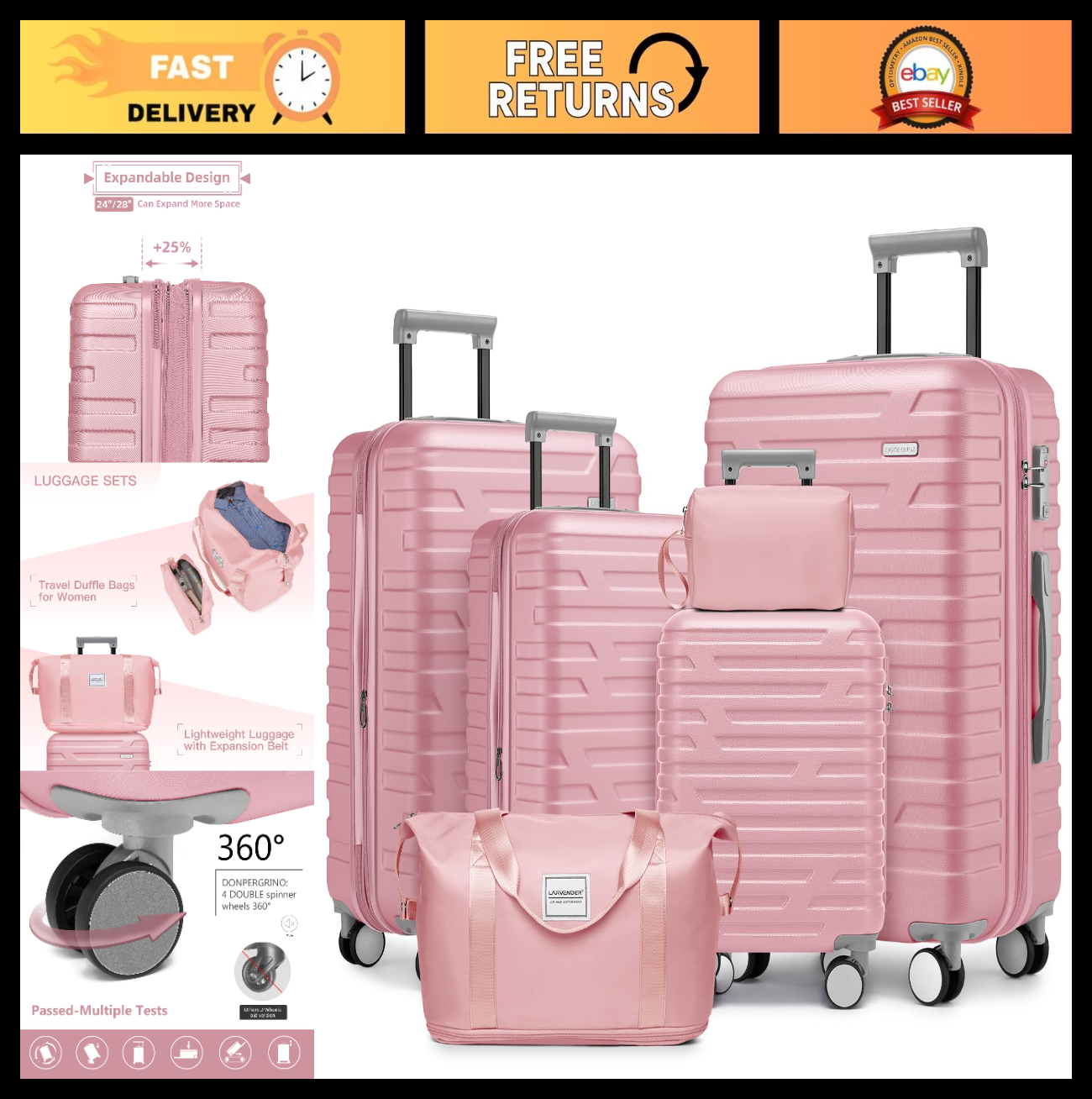 Expandable 6-Piece Luggage Set with Wheels, Pink Hardshell Suitcases, TSA Lock,0