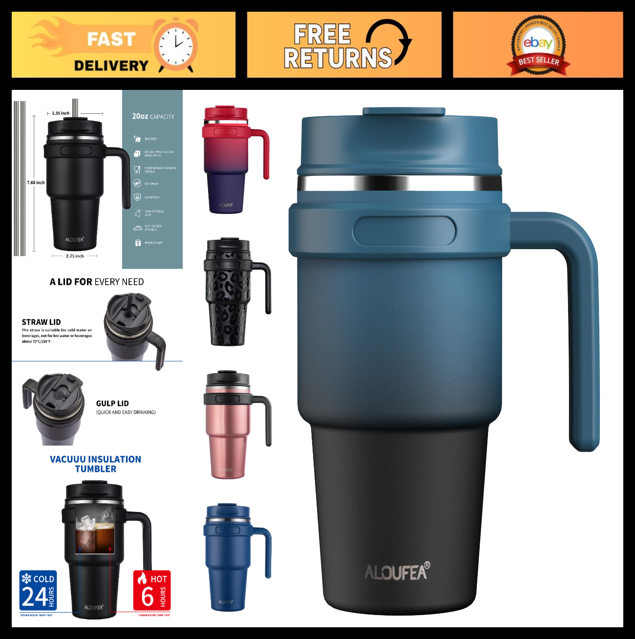 Insulated 20 oz Coffee Mug with Handle   Stainless Steel Travel Tumbler, Lid & S0