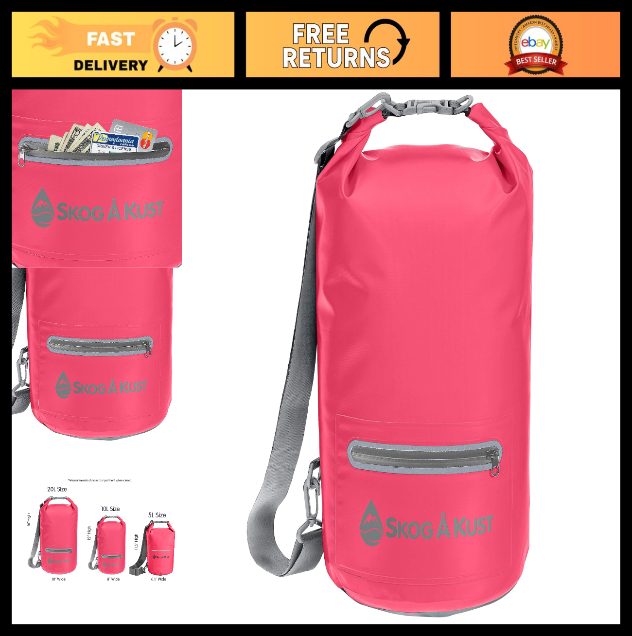 Waterproof Roll Top Dry Bag - 5L, 10L, 20L Sizes for Hiking, Camping, Kayaking0