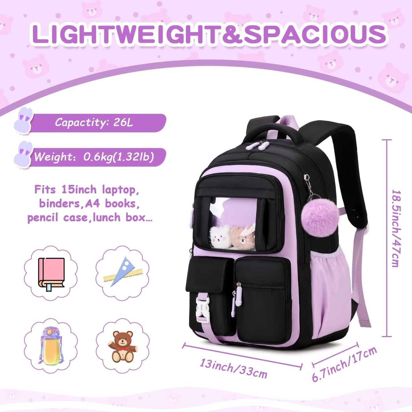 Kawaii Girls School Backpack - Cute Black & Purple Book Bag for Middle & Element2