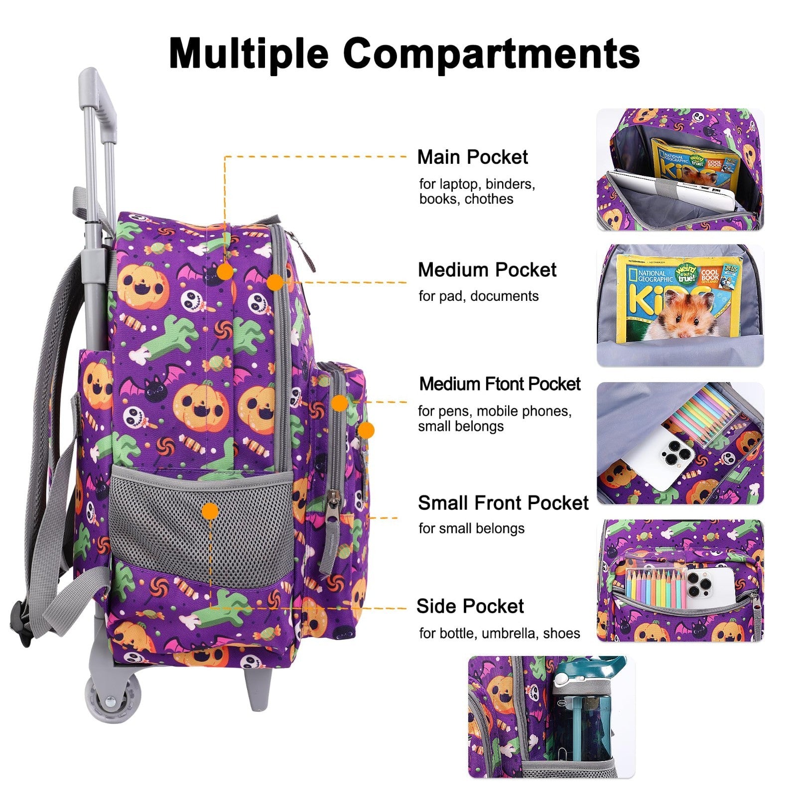 Wheeled Kids Backpack 18" Rolling Bag with Lunch Bag, Double Handle, Pumpkin Pur4