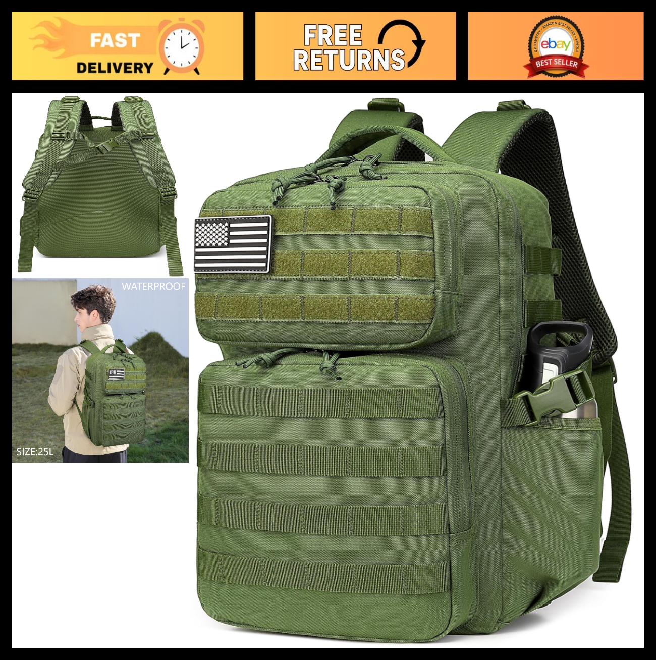 Waterproof Military Tactical Backpack   3 Day Assault Pack, Molle Daypack with W0