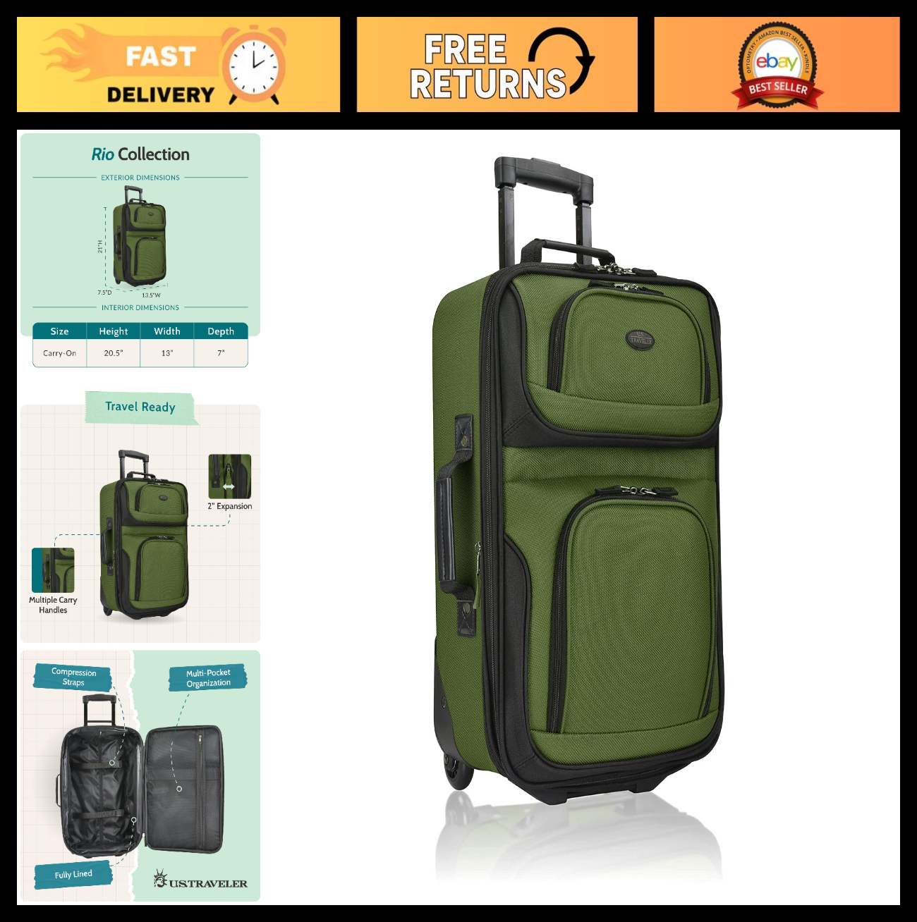 Lightweight Softside Rolling Carry-On Suitcase, 2-Wheel Travel Luggage, Green0
