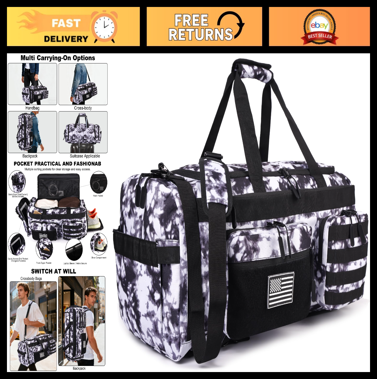 50L Tactical Duffle Bag   3 in 1 Gym Backpack, Shoe Compartment, Laptop Sleeve,0