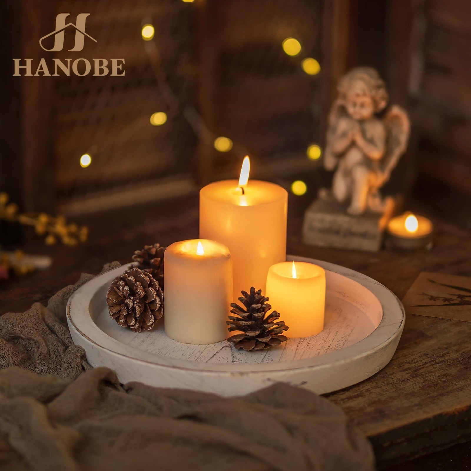 Rustic Wooden Coffee Table Tray - Round Decorative Serving Plate with Candle Hol2