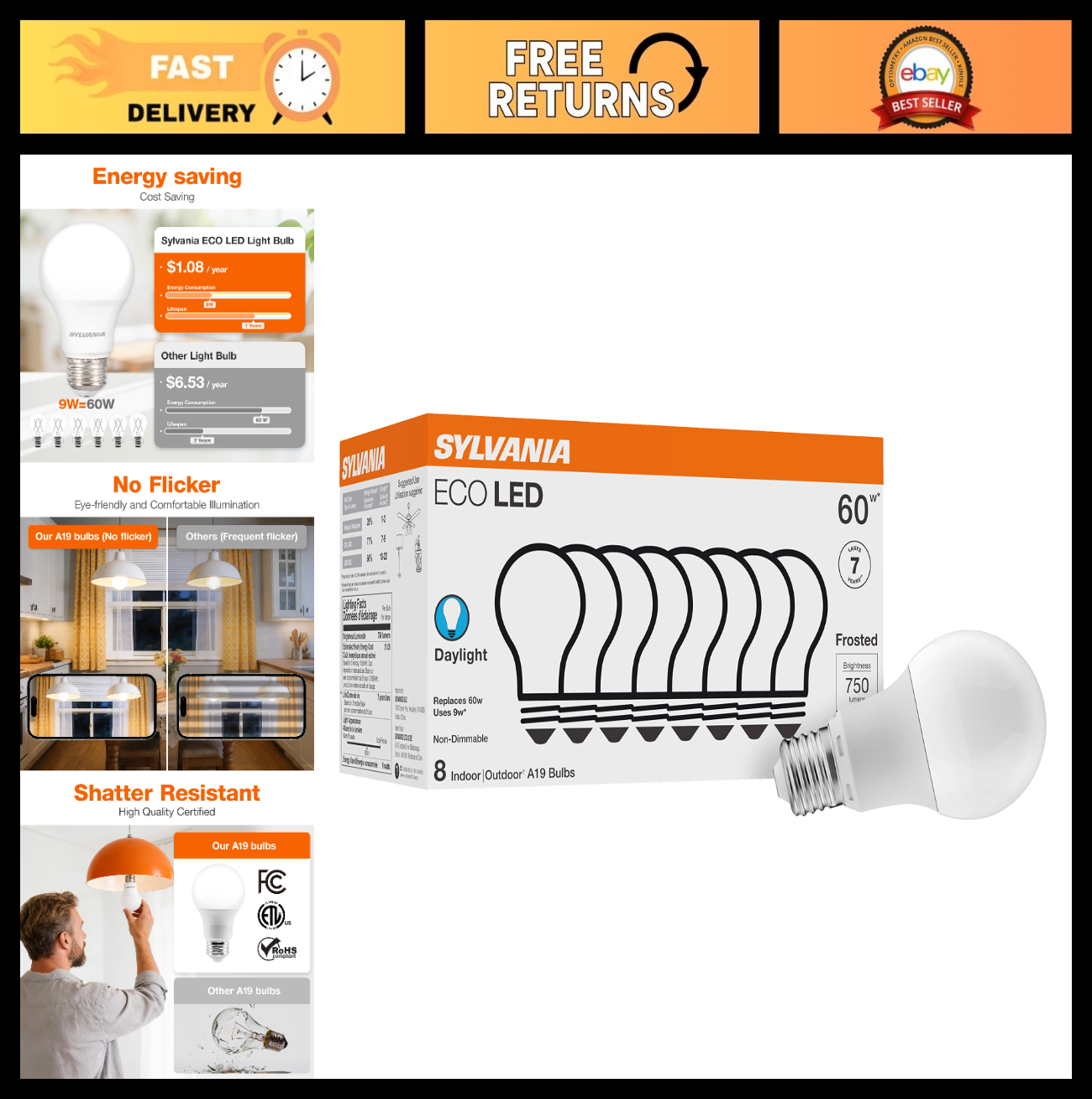 Energy Efficient LED Light Bulbs 60W Equivalent, 9W, 750 Lumens, Daylight 5000K0