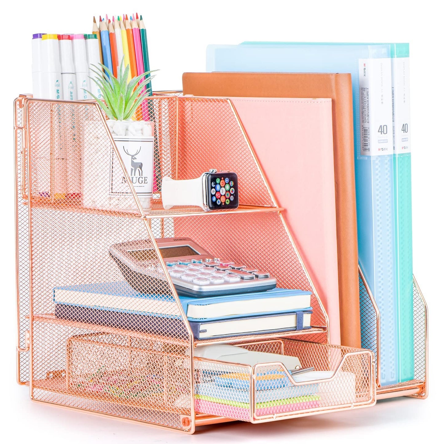 Rose Gold Desk Organizer Caddy with Sliding Drawer, Double Tray & Pen Holder   O1