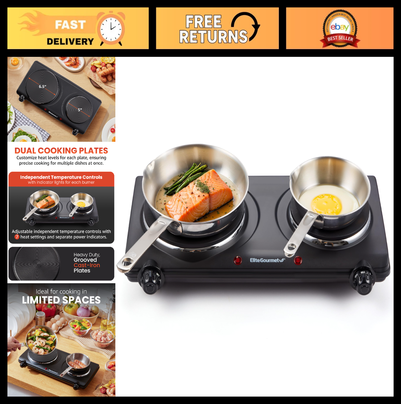 Double Cast Iron Burner Hot Plate 1500W | Adjustable Temp Control, Easy Clean0