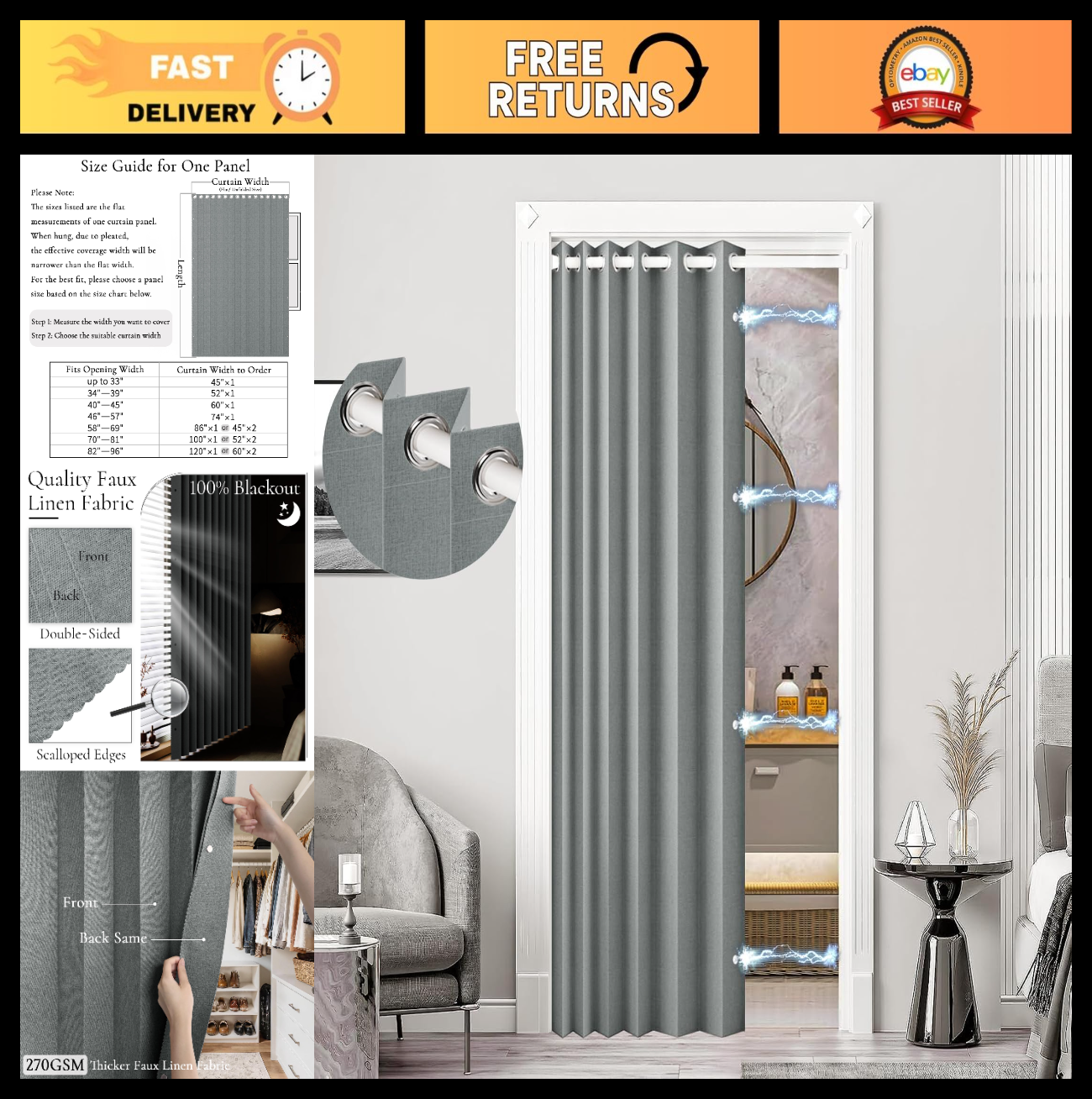 100% Blackout Magnetic Door Curtain for Privacy, Closet & Hallway, 1 Panel, Gray0