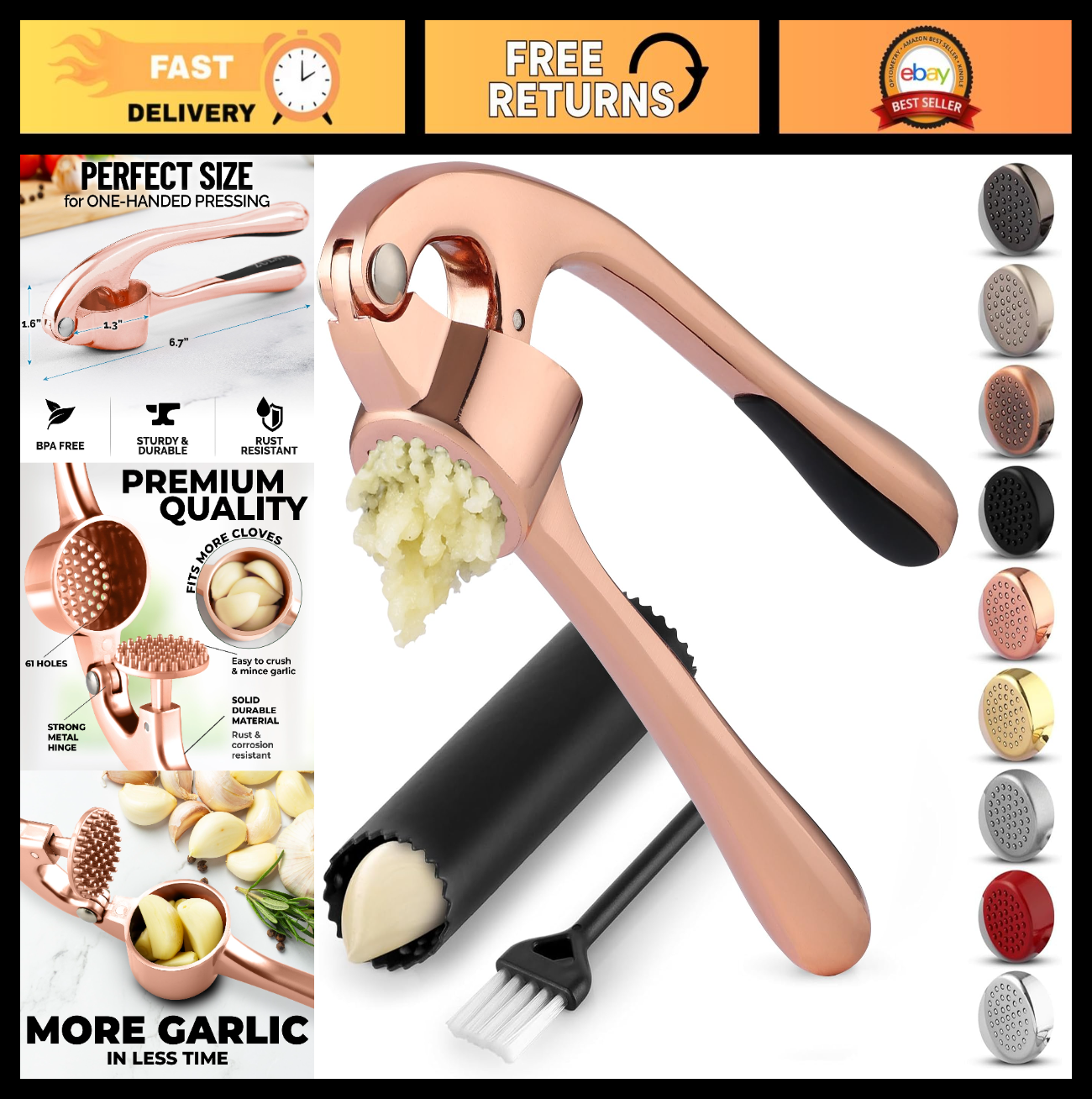 Premium Garlic Press Set   Rust Proof Mincer Tool, Easy Squeeze, Silicone Peeler0