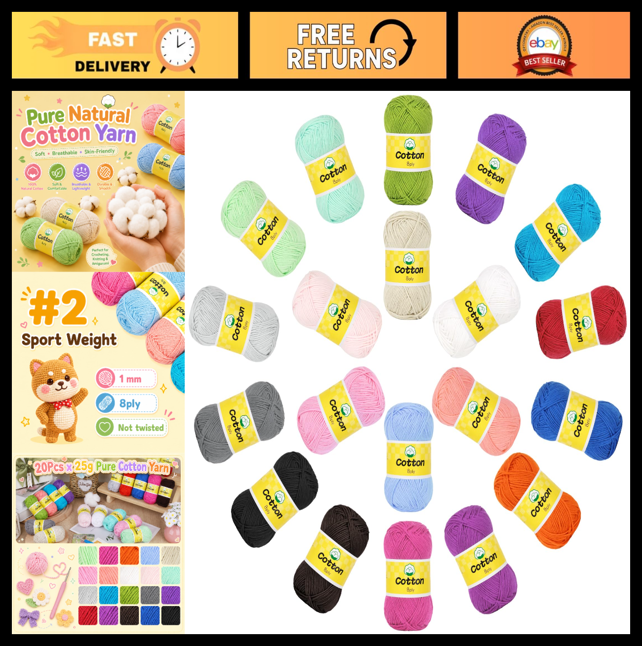 100% Cotton Mini Crochet Yarn - 20 Pack, Soft Baby Yarn Set, #2 Sport Weight, 900