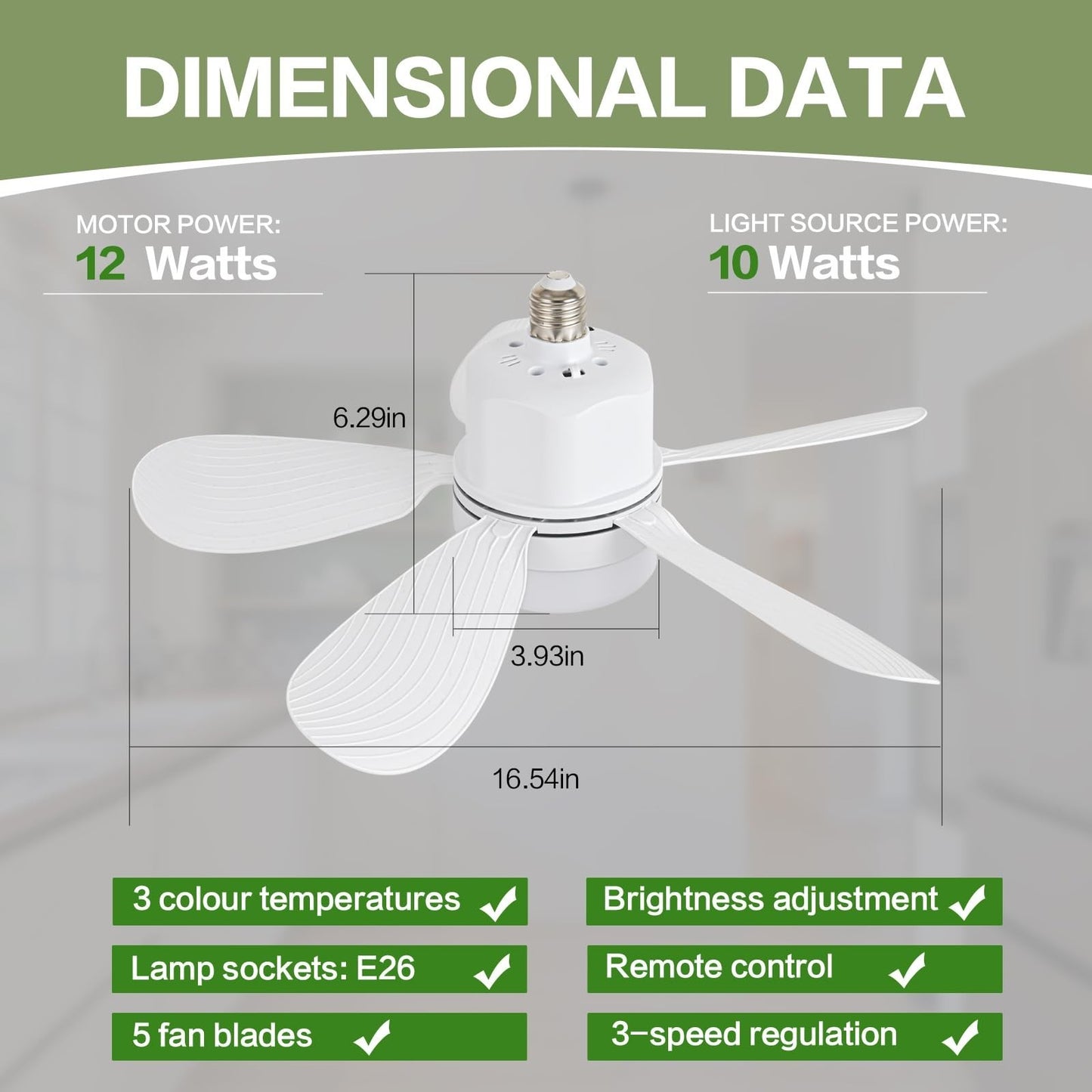 Portable Ceiling Fan Light with Remote, Dimmable 1000 Lumens, E26/E27 Socket, 164