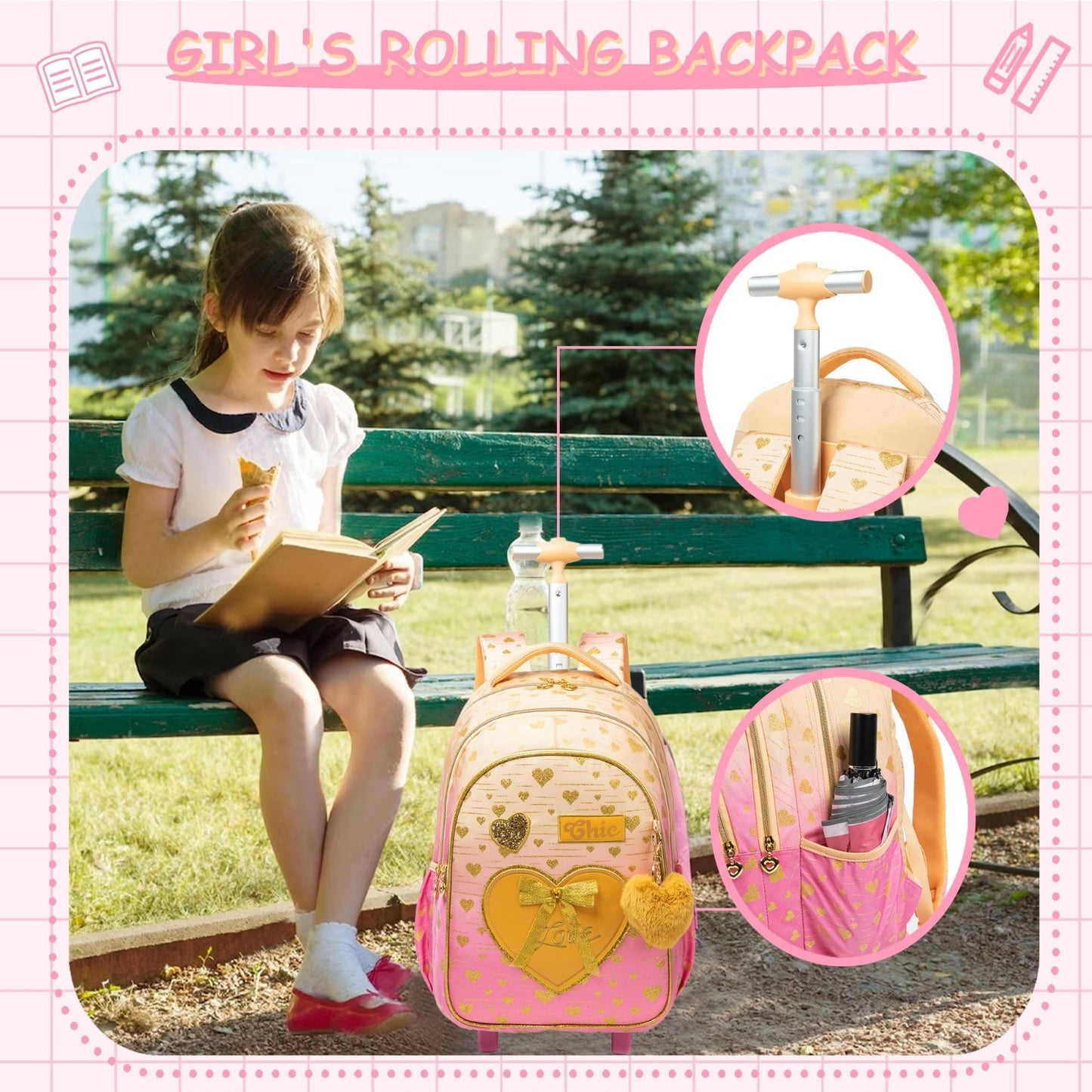 Rolling Backpack for Girls   Kids Wheeled Backpack with Lunch Box, 3 in 1 Travel5