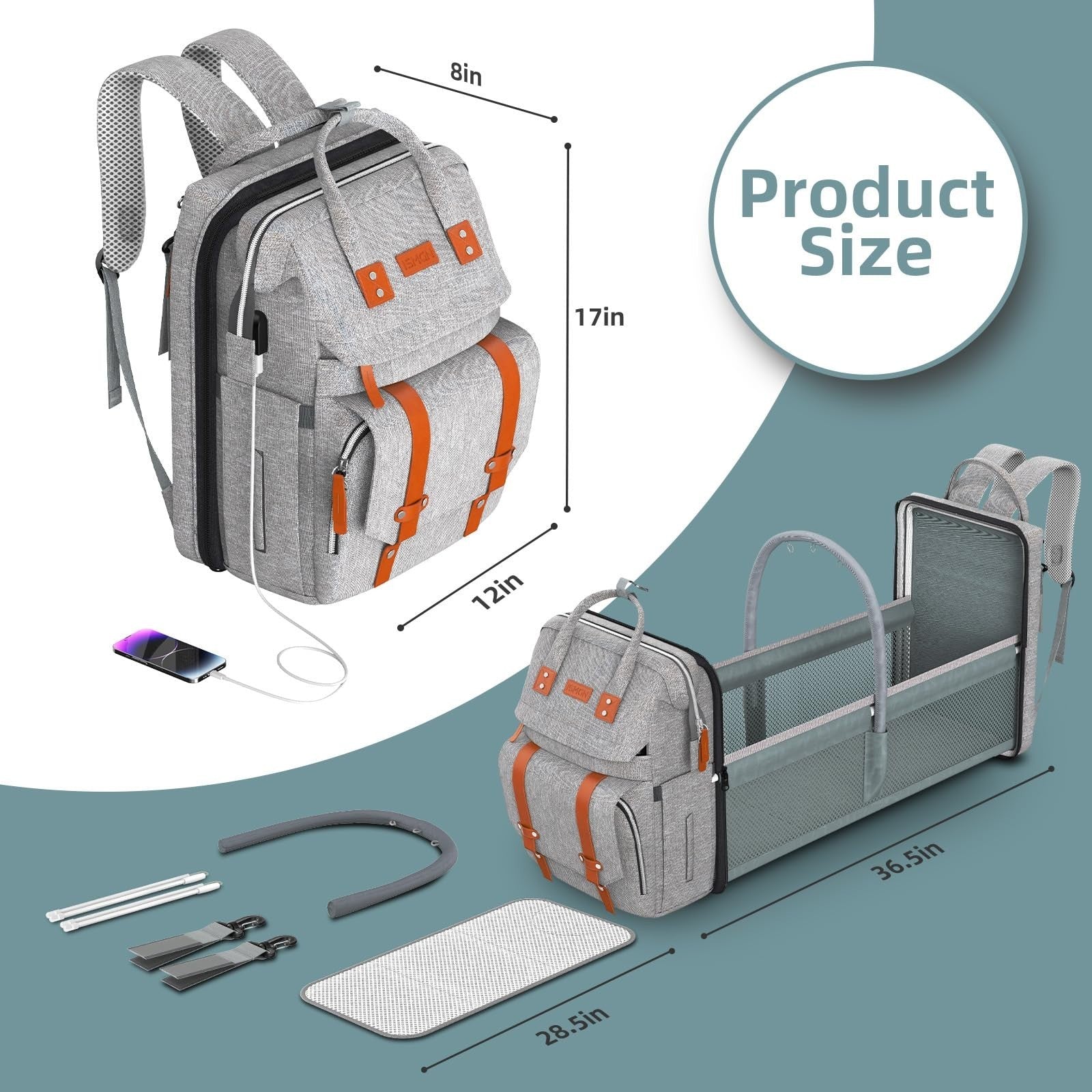 Diaper Bag Backpack with Changing Station, Stylish Baby Shower Gift, Grey2