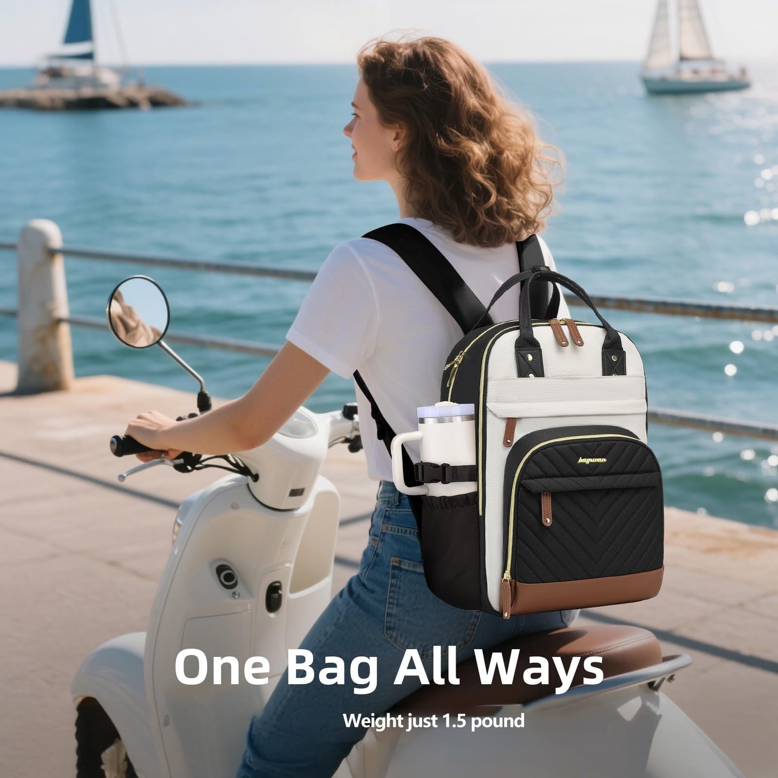 Stylish Laptop Backpack for Women   15.6" College Bookbag with Large Tumbler Poc2