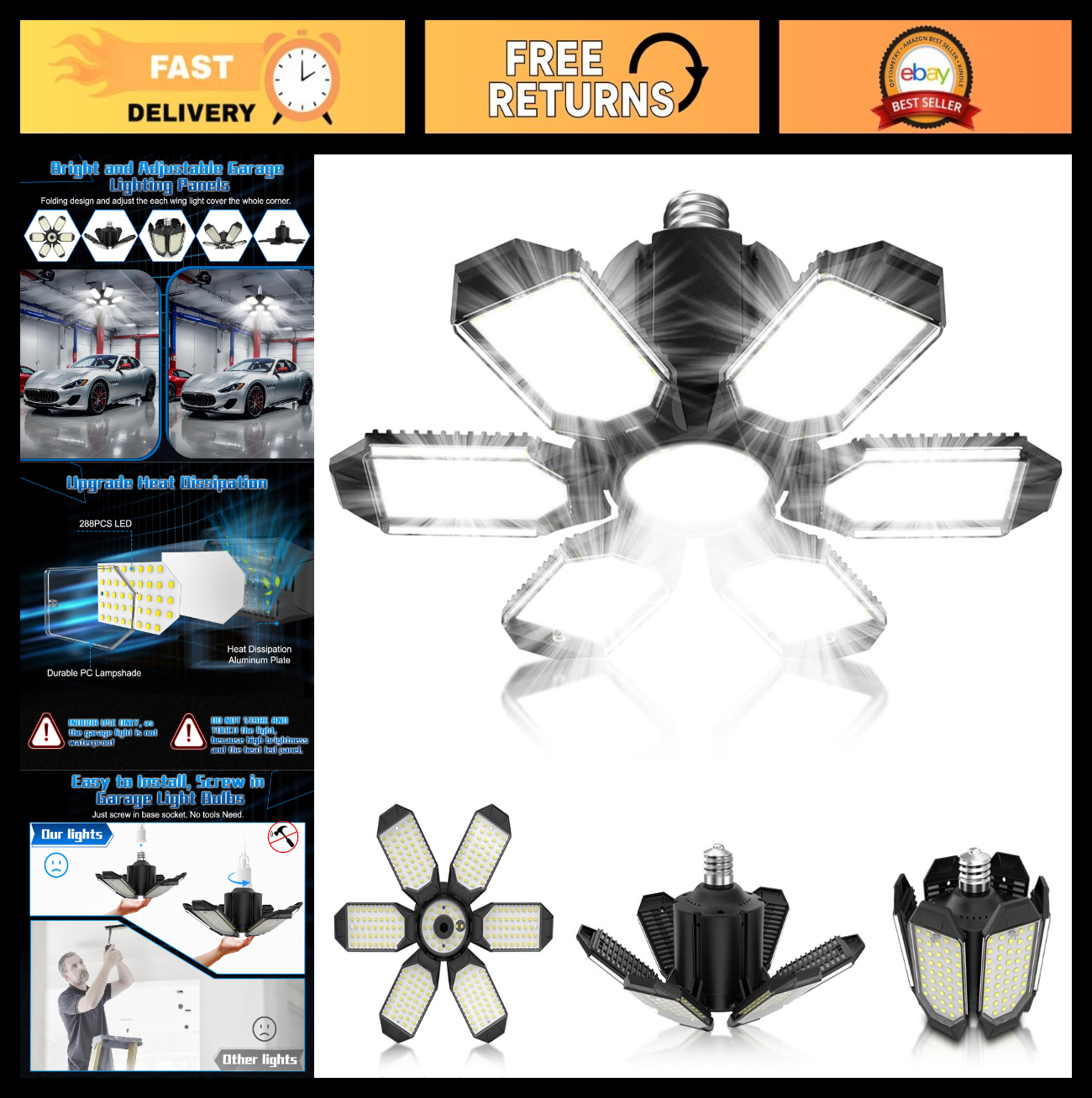 LED Garage Light Bulbs   6 Deformable Panels, 6500K Bright Shop Lights, E26 Base0