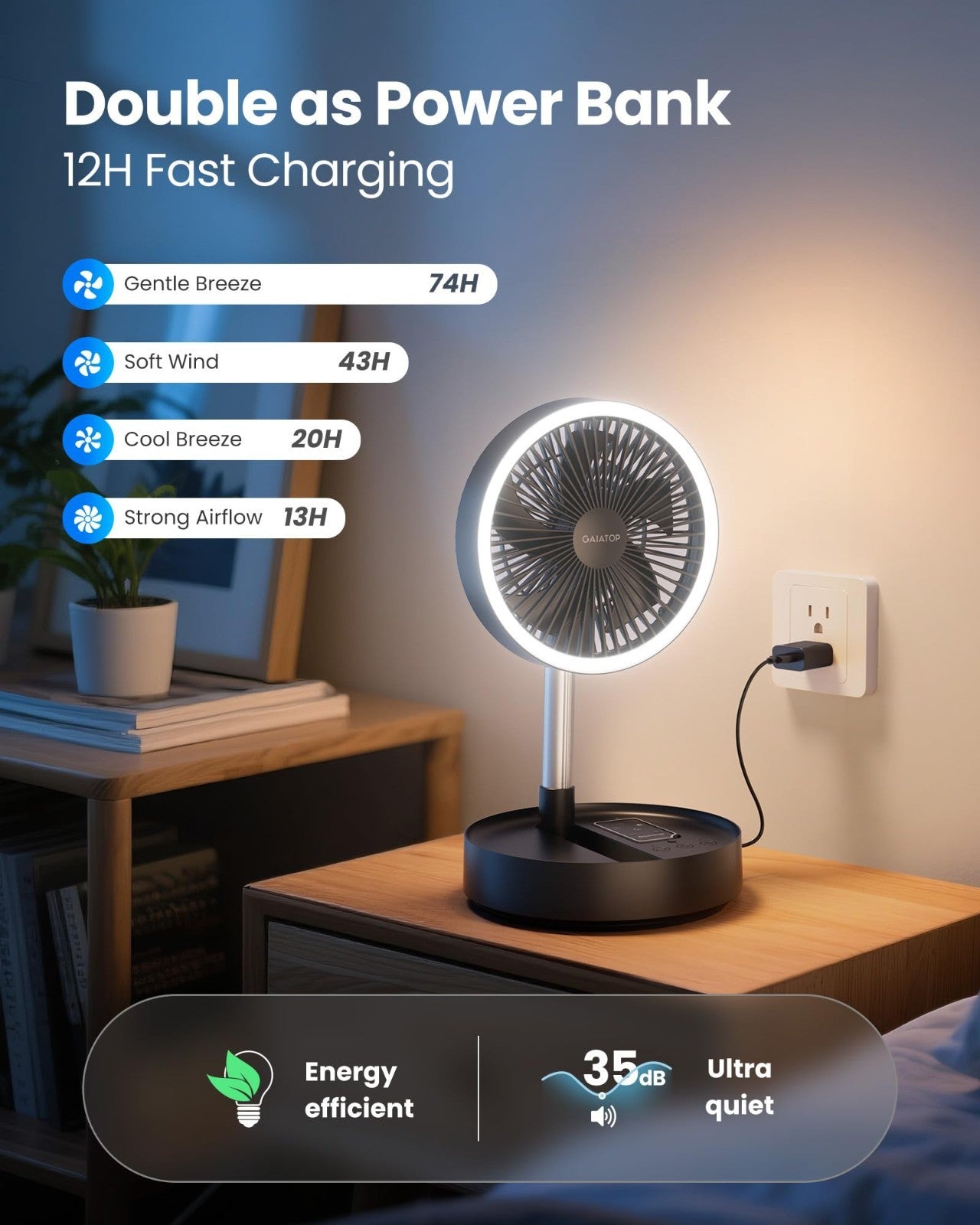 Portable Battery Fan 16000mAh, 74h Runtime, Foldable Oscillating Stand Fan, LED6