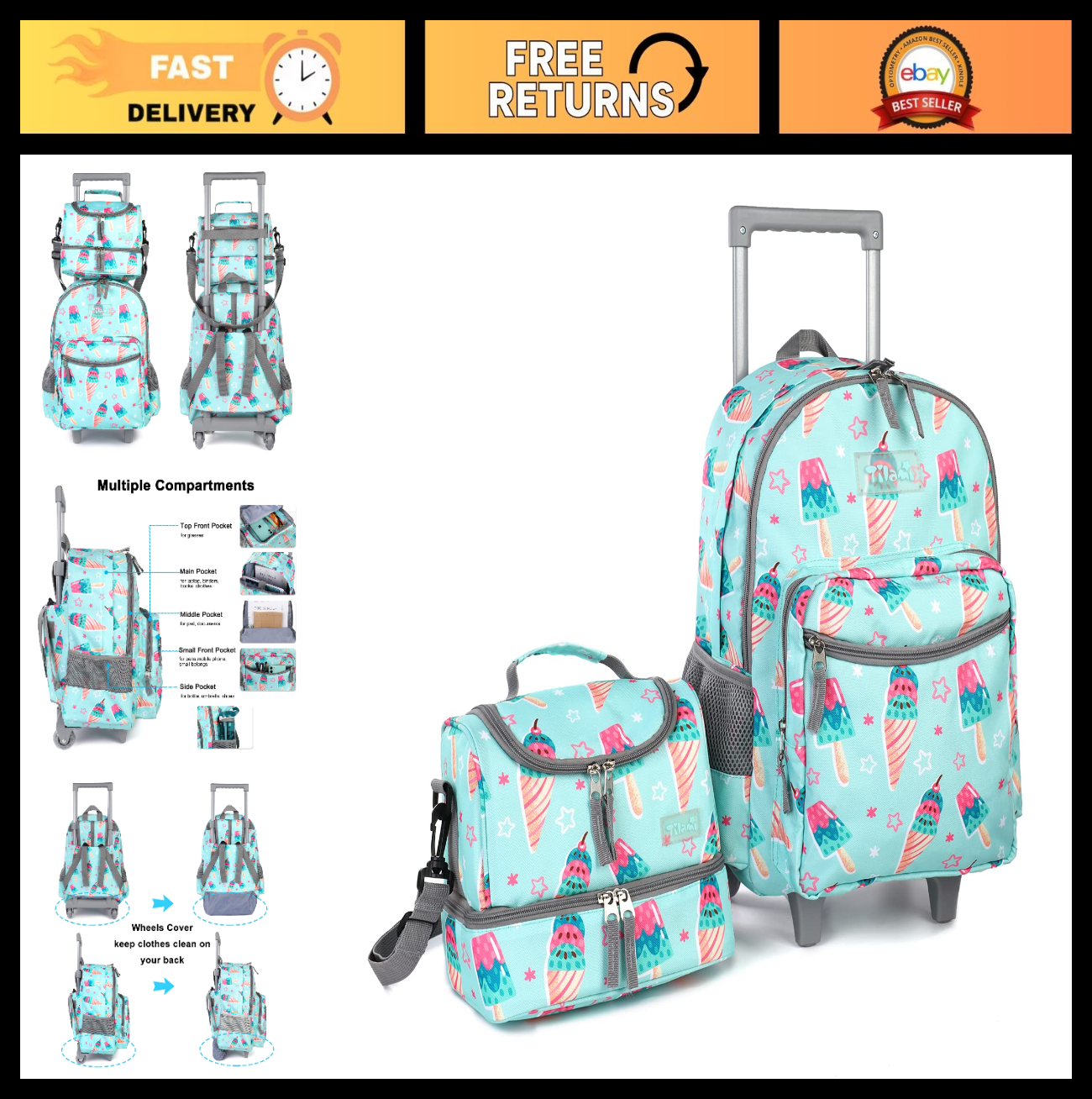 Wheeled Kids Backpack 18" with Lunch Bag, Double Handle, Ice Cream Green, Girls0