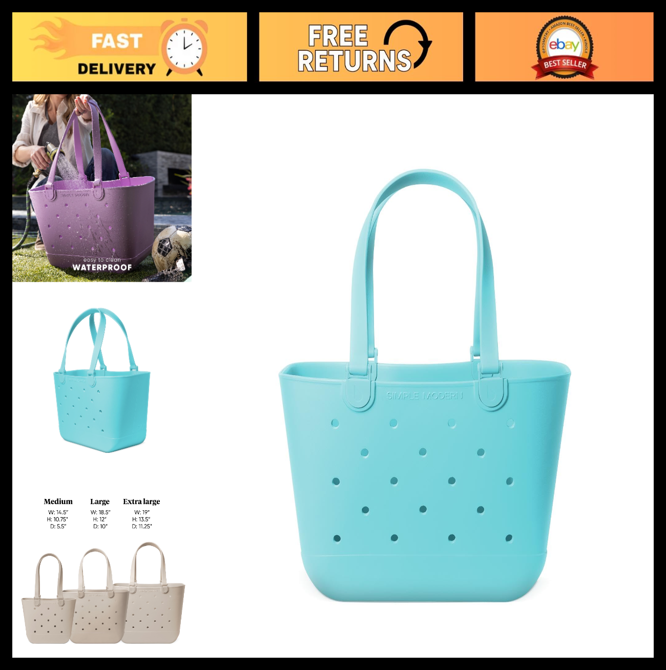 Large Waterproof Beach Tote Bag | Zipper Pocket | Travel, Pool & Grocery Bag | B0