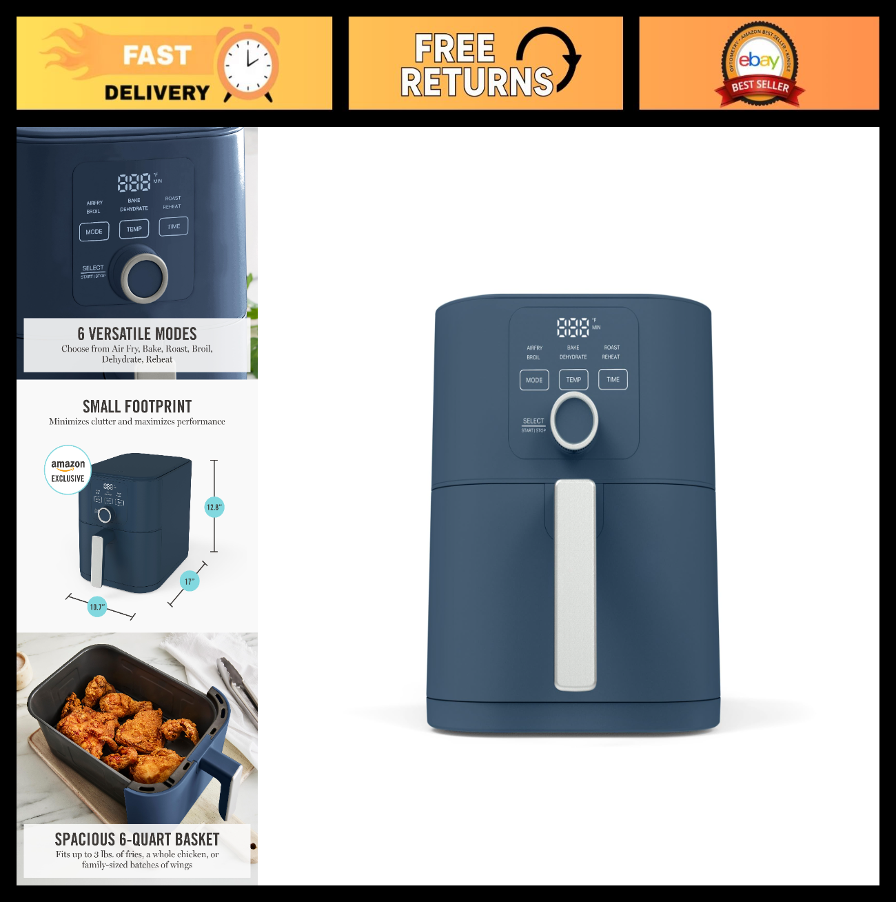 6QT Air Fryer, 6-in-1 Multi-Cooker, Bake, Broil, Roast, Dehydrate, Non-Stick Bas0