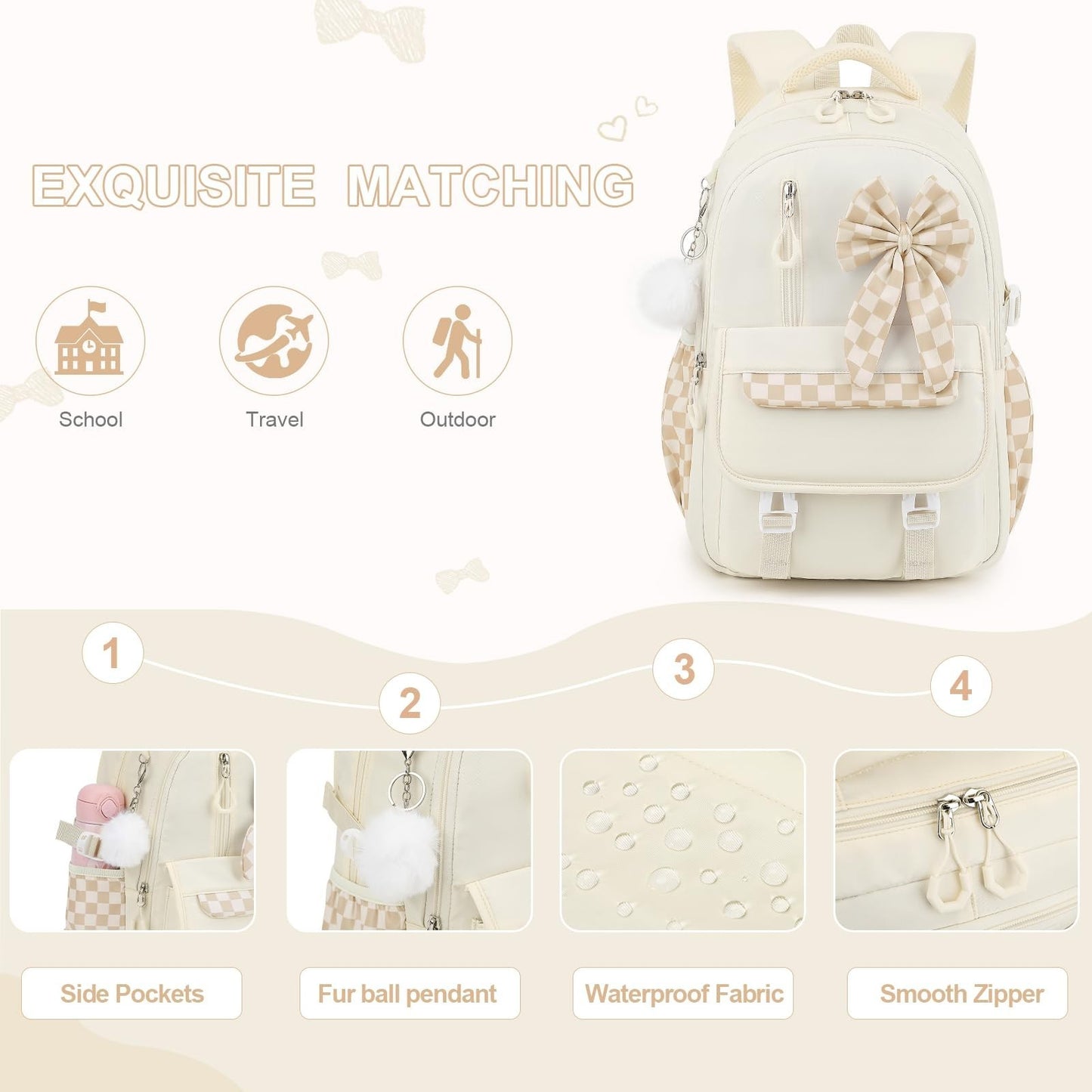 Girls Bow Backpack Set   3PCS with Lunch Bag & Pencil Case, Cute School Bag4
