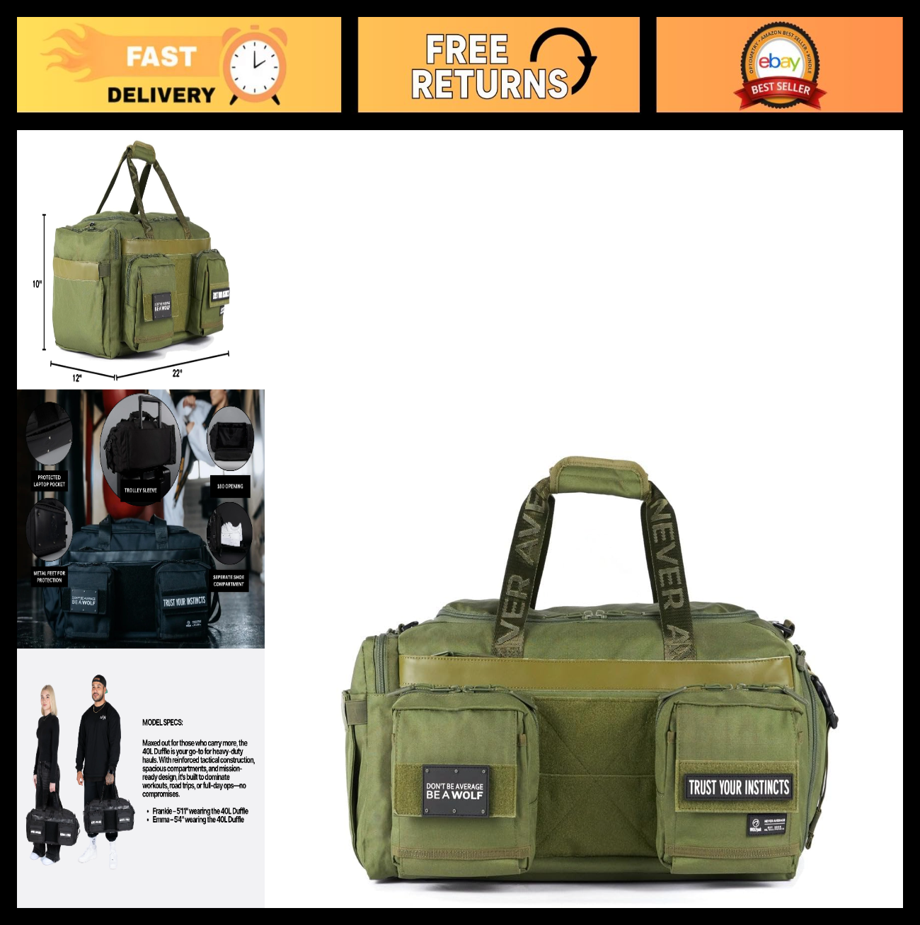 40L Waterproof Duffle Bag   Tactical Travel Gear, Outdoor Sports, Gym Bag, OD Gr0