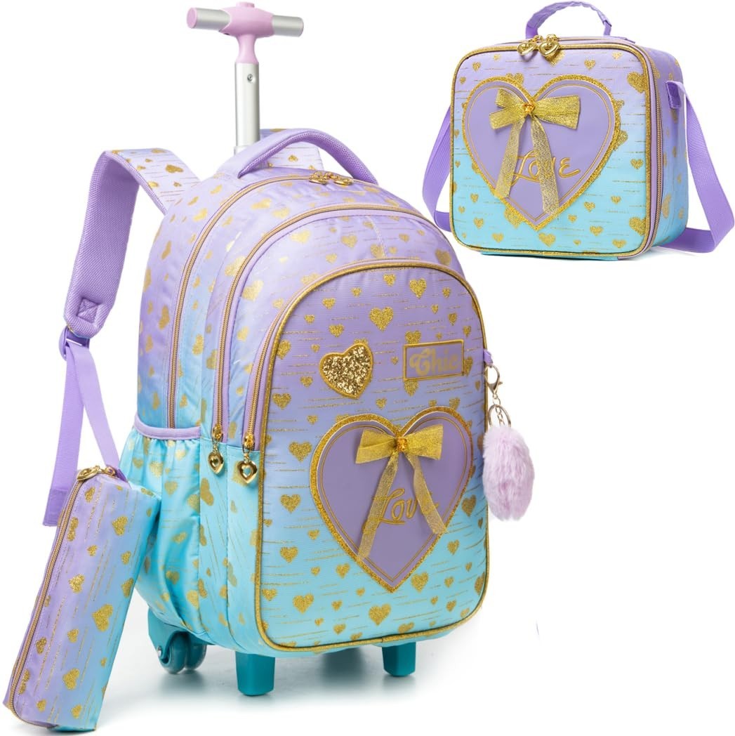 Girls Rolling Backpack with Wheels, Kids Travel Suitcase & Lunch Box, Ages 6 81