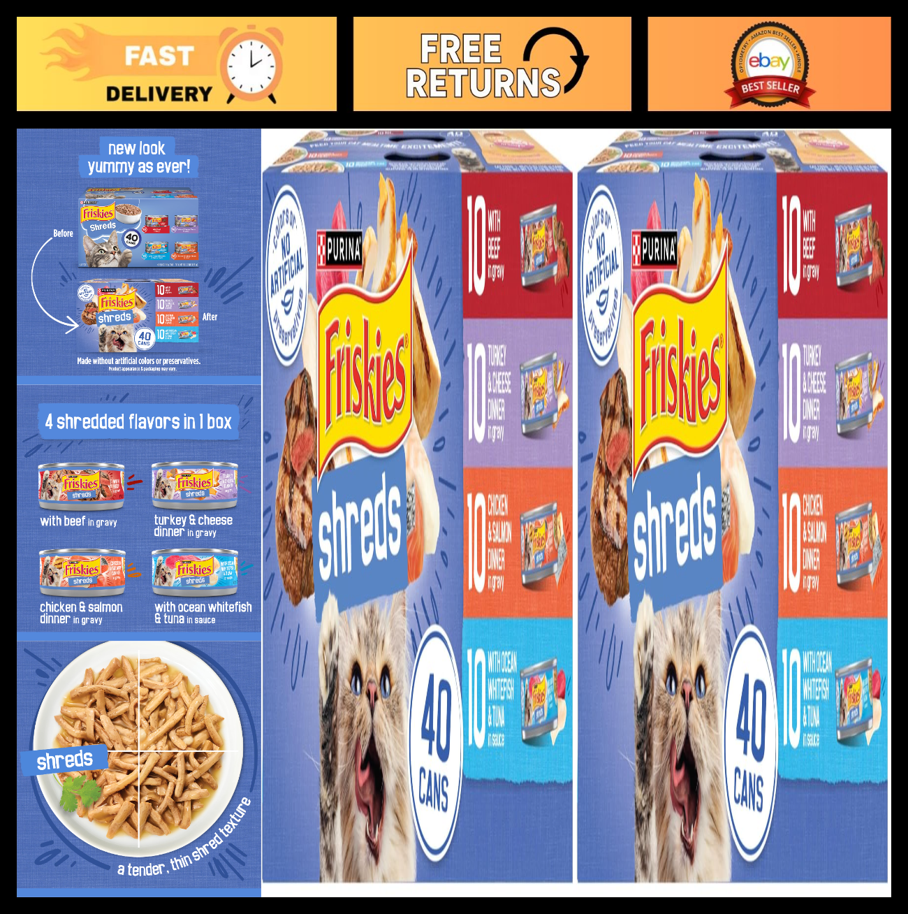 Wet Cat Food Variety Pack   Shreds with Beef, Turkey, Chicken & Salmon   80 Cans0