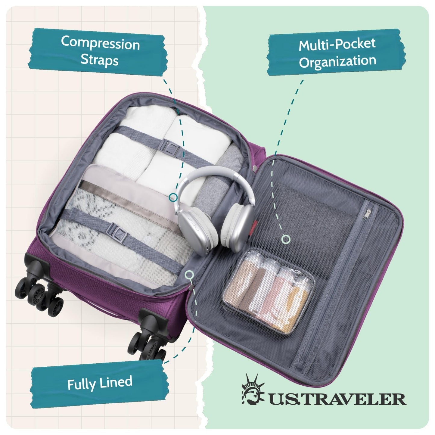Lightweight Softside Rolling Carry-On Suitcase, 4-Wheel Travel Luggage, Green5