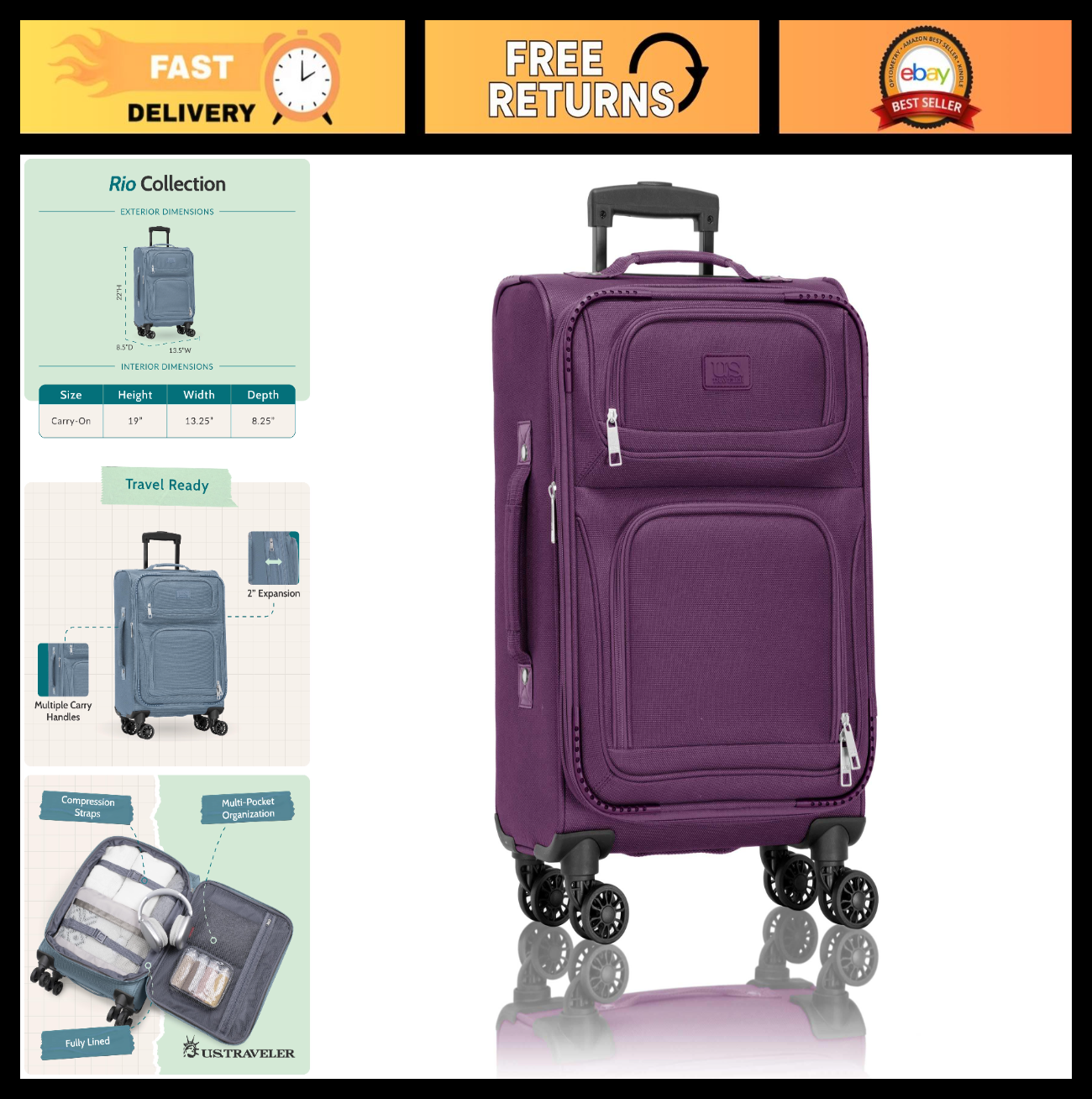 Lightweight Softside Rolling Carry-On Suitcase, 4-Wheel Travel Luggage, Purple0