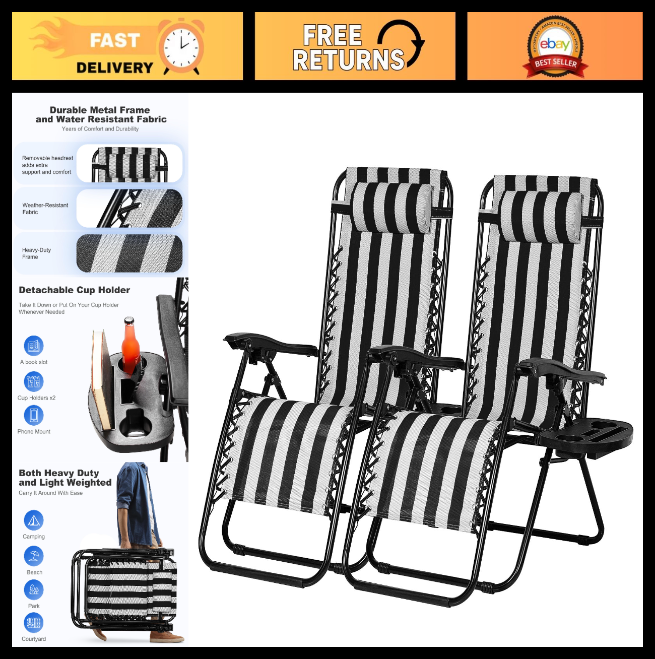 Set of 2 Adjustable Zero Gravity Lounge Chairs   Steel Mesh Patio Recliners with0