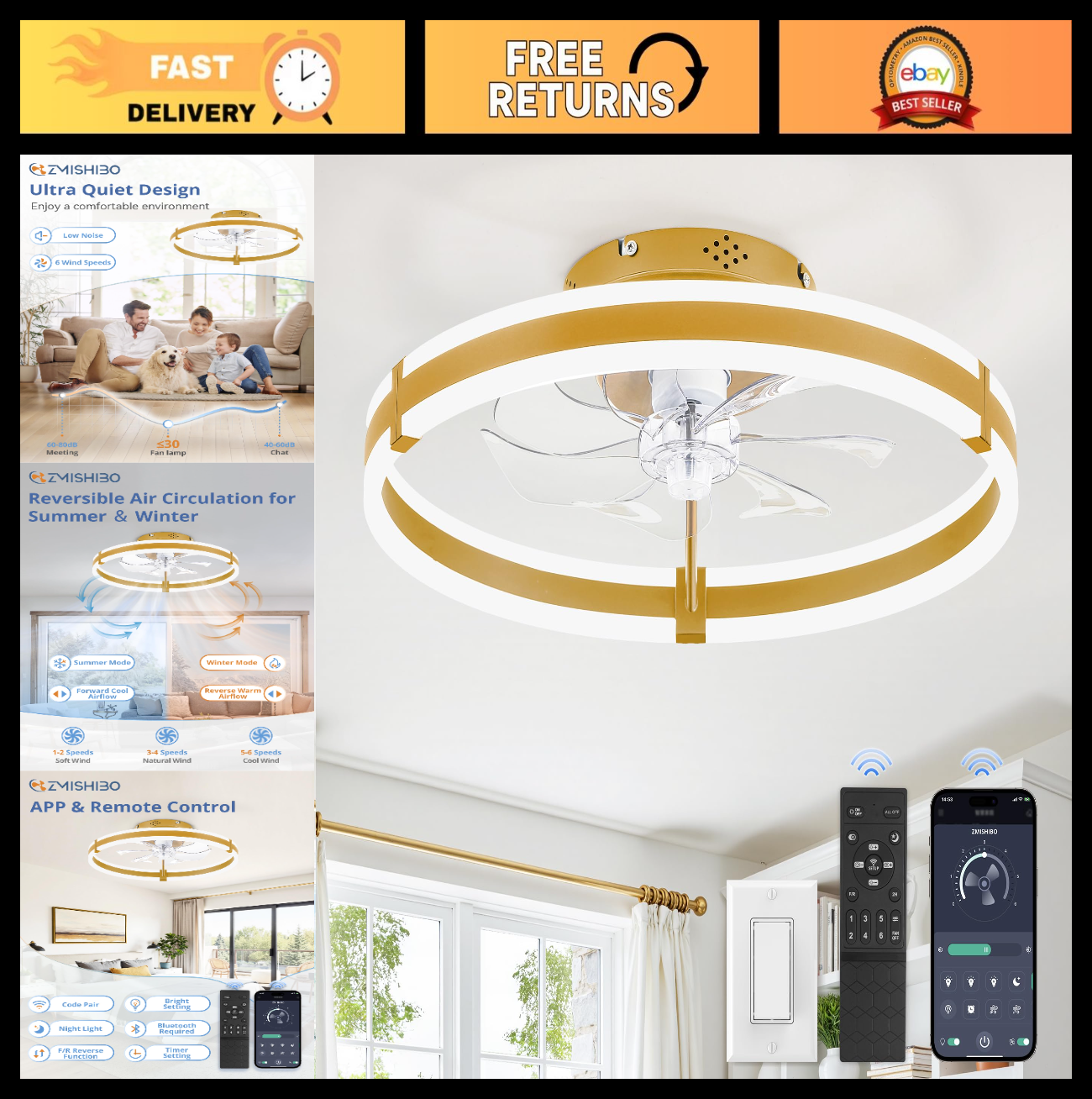 Low Profile Ceiling Fan with Lights & Remote, Dimmable LED, 6 Speeds, Gold Fande0