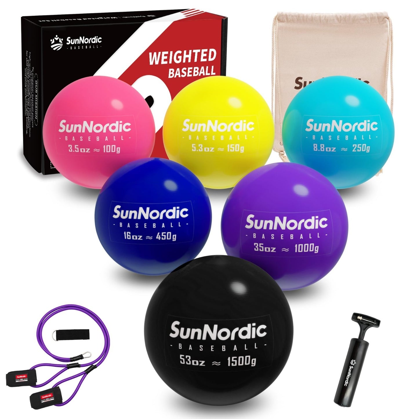 6 Pack Weighted Baseball Set with Resistance Band | 3.5-53oz Plyometric Balls, P1