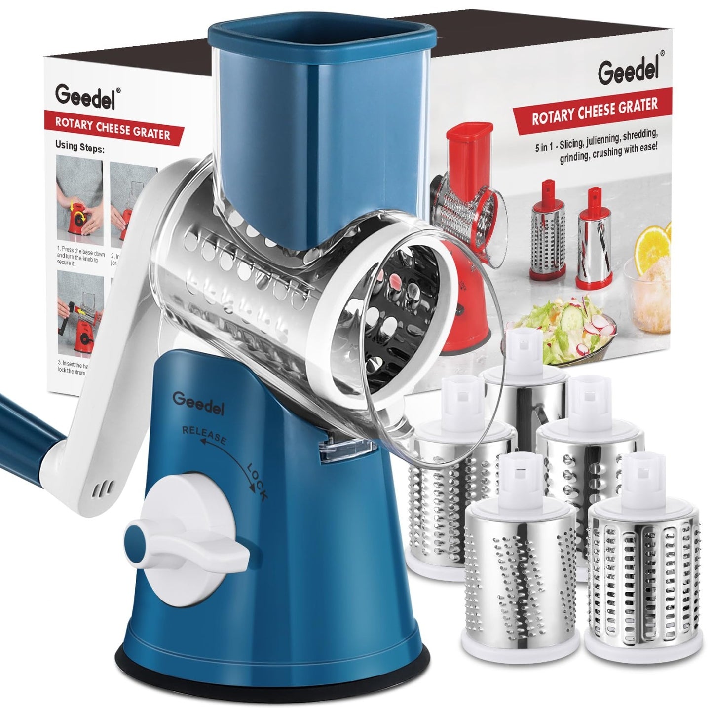 Rotary Cheese Grater & Vegetable Slicer   5 Blades, Stainless Steel, Fast Cuttin1