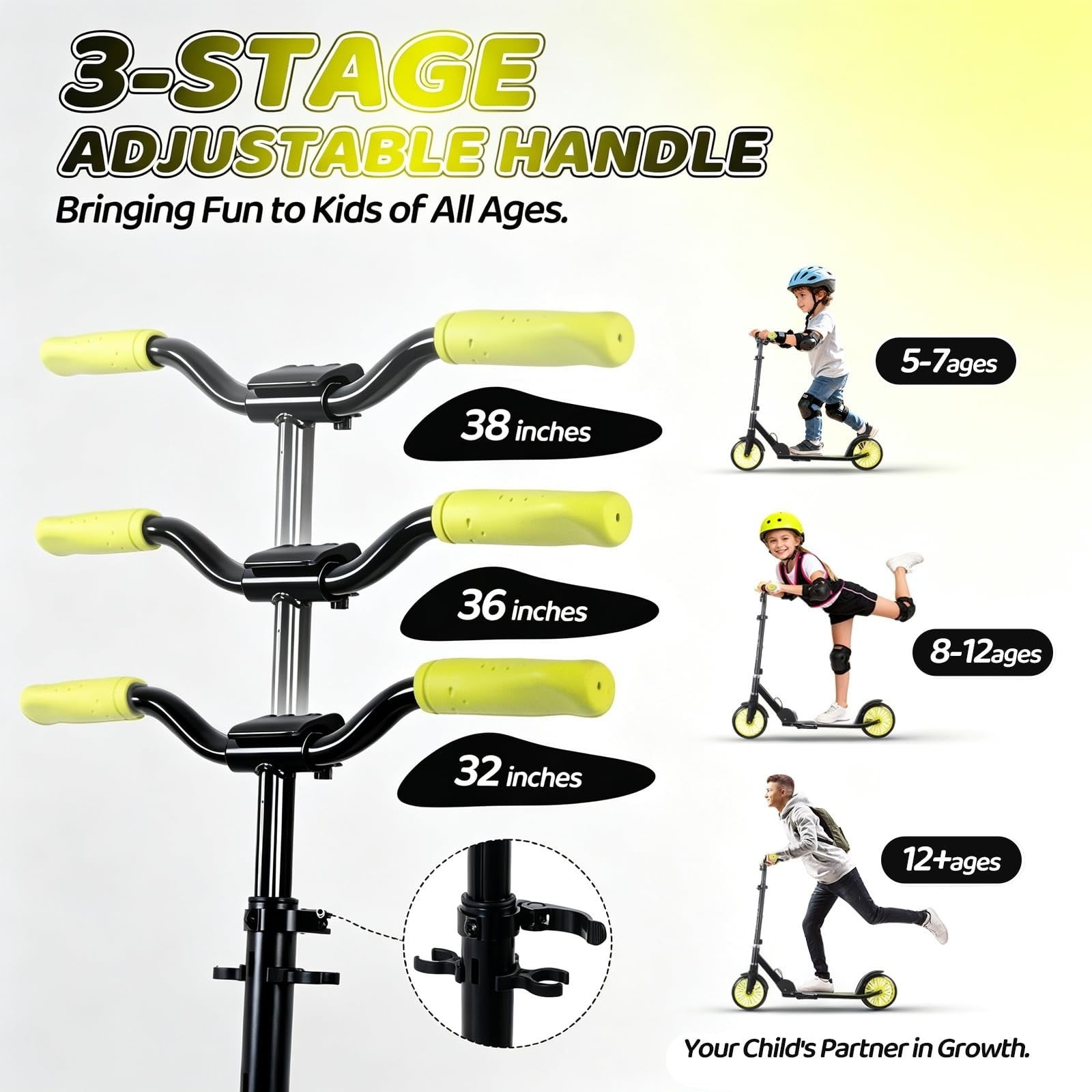 Adjustable Height Kick Scooter for Kids & Teens, 240 LBS Max Load, Foldable, 8"3