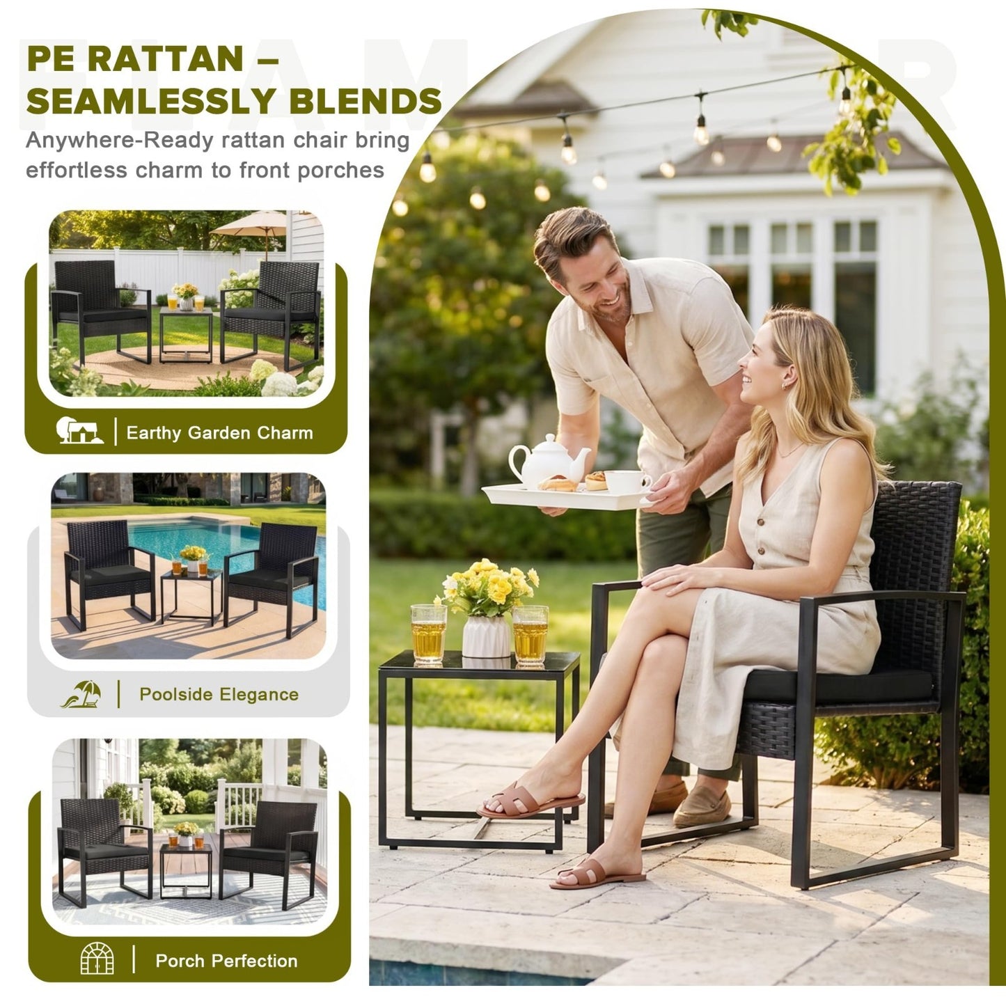3 Piece Outdoor Wicker Patio Furniture Set | Modern Rattan Bistro Chairs & Table4