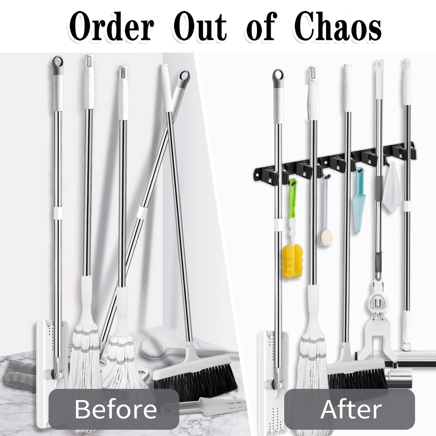 2 Pack Wall Mount Broom Holder, 5 Racks & 4 Hooks for Mop Storage, Space Saver5