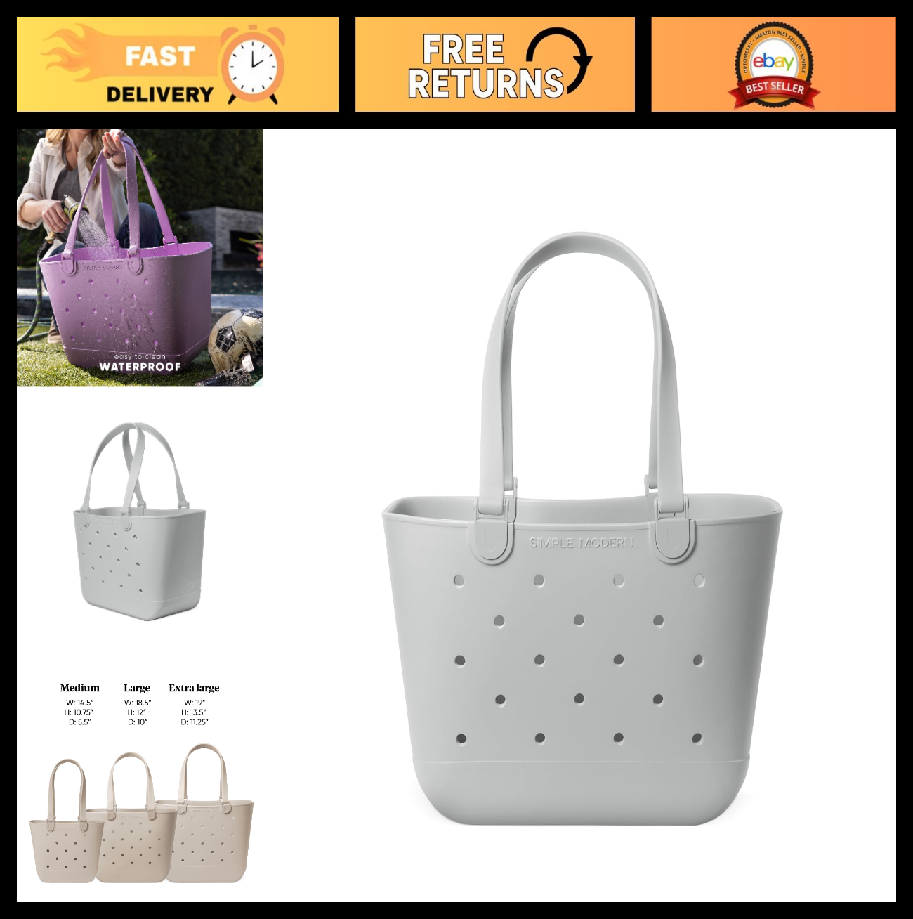 Large Waterproof Beach Tote Bag | Gray Getaway Bag with Zipper Pocket | Travel,0
