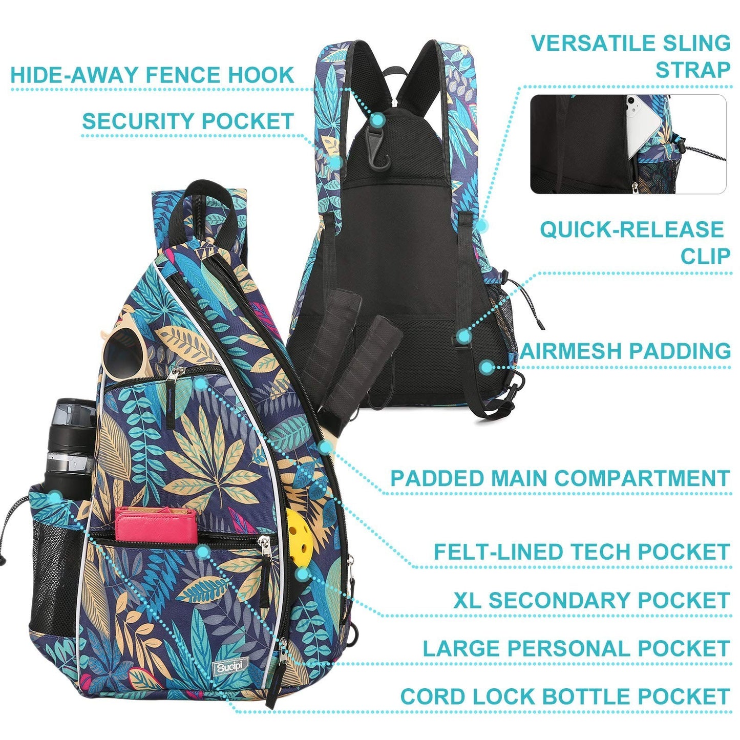 Adjustable Pickleball Backpack with Fence Hook - Large Capacity Sling Bag for Me6