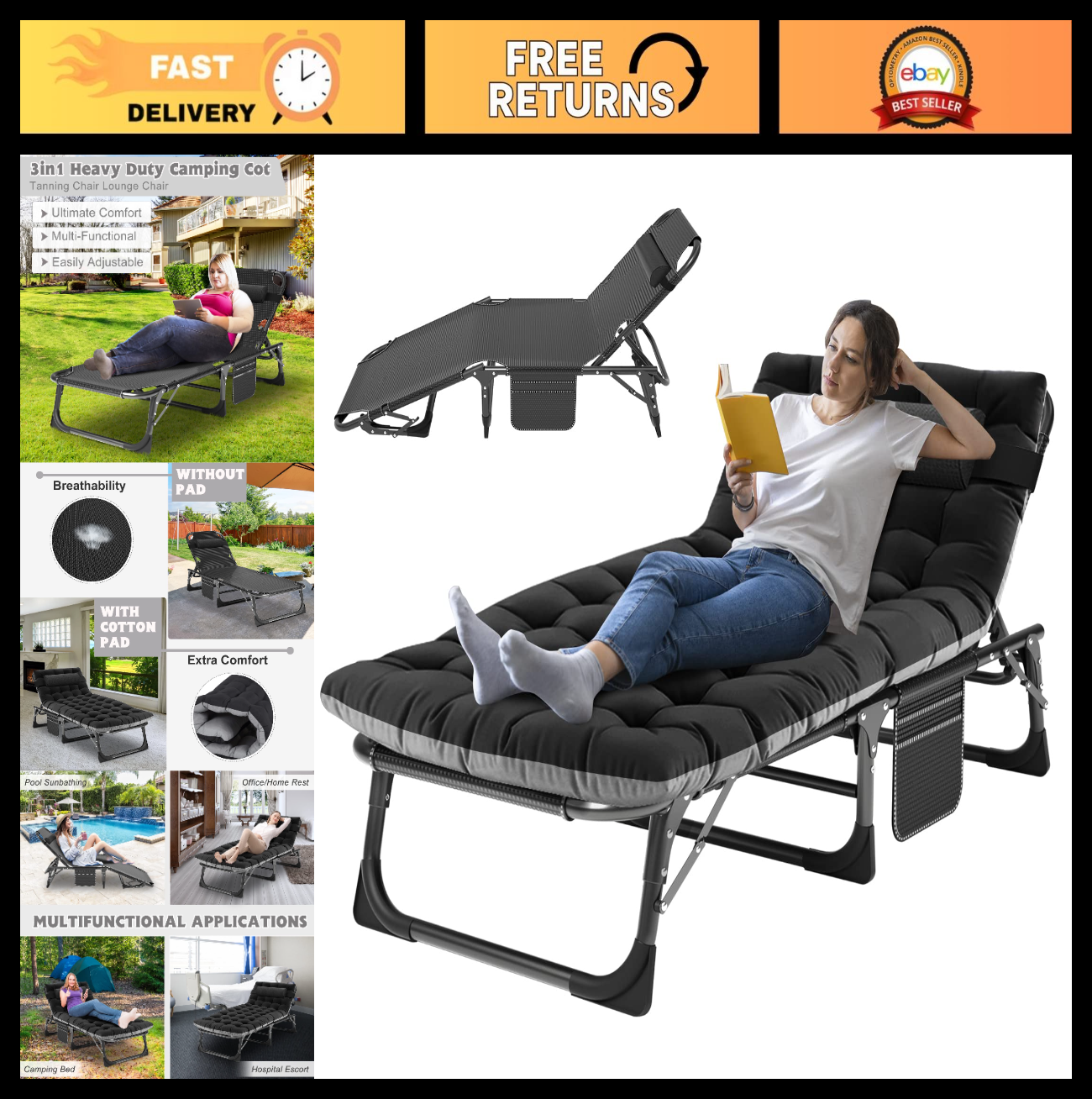 Extra Wide 28" Folding Camping Cot for Adults   Heavy Duty, 440 lbs Capacity, Qu0