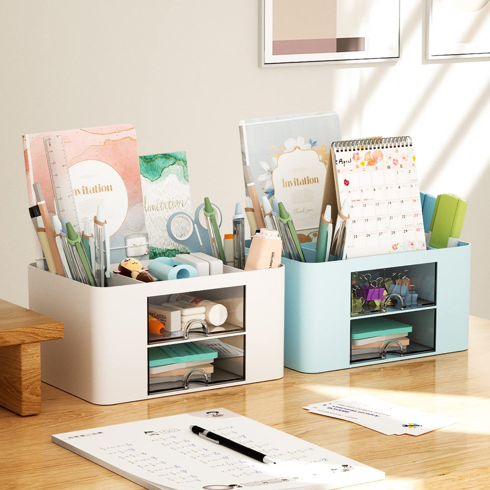 Multi Functional Desk Organizer with 2 Drawers, 5 Compartments, Pencil Holder, B2